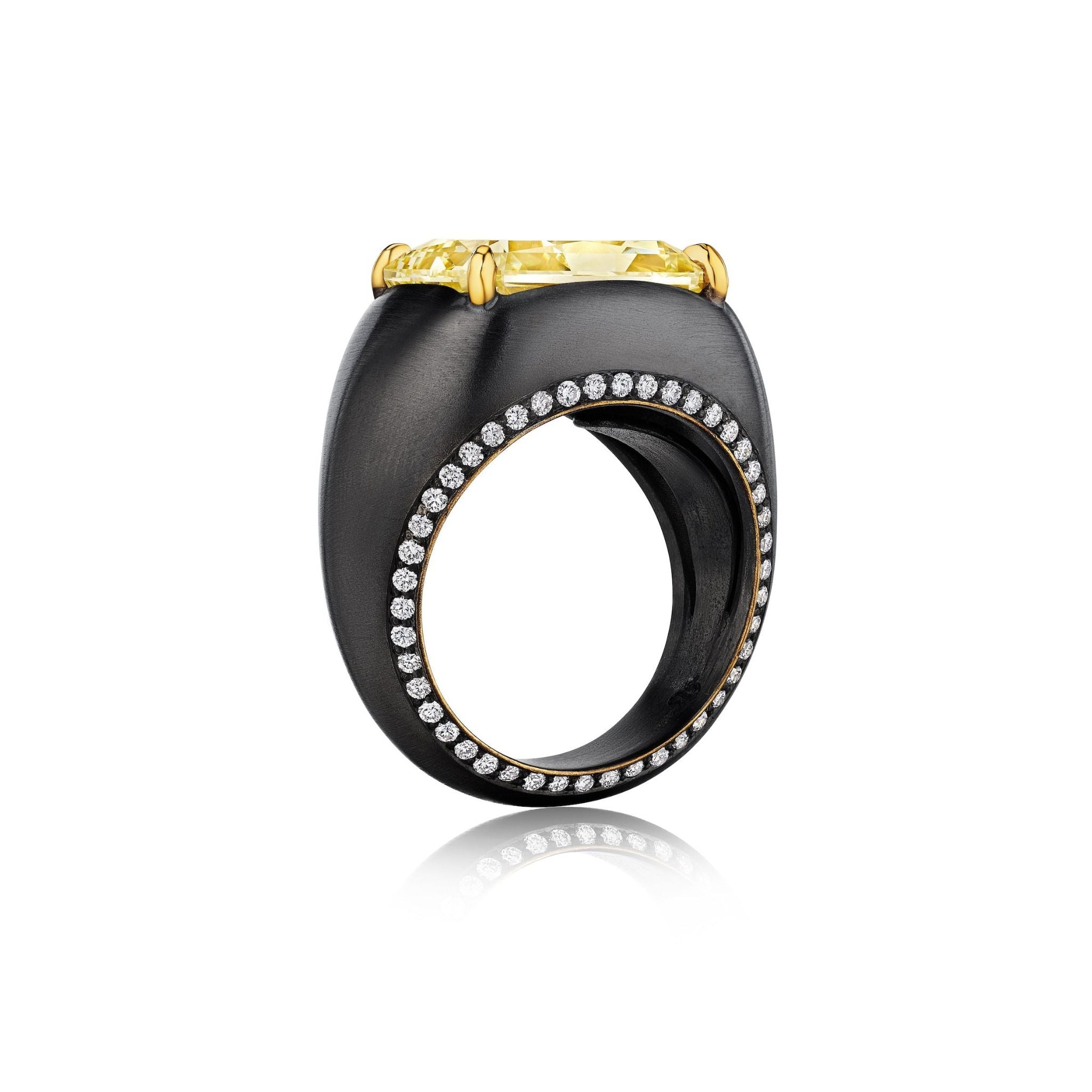 East-West Prong Set Radiant Cut Yellow Diamond Signet Ring in Black Rhodium