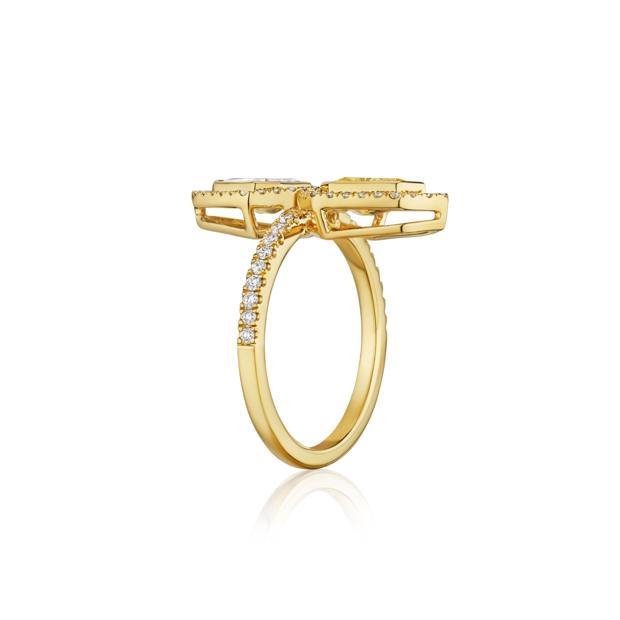 Yellow Diamond and White Diamond Double Shield Ring with Halo in Yellow Gold