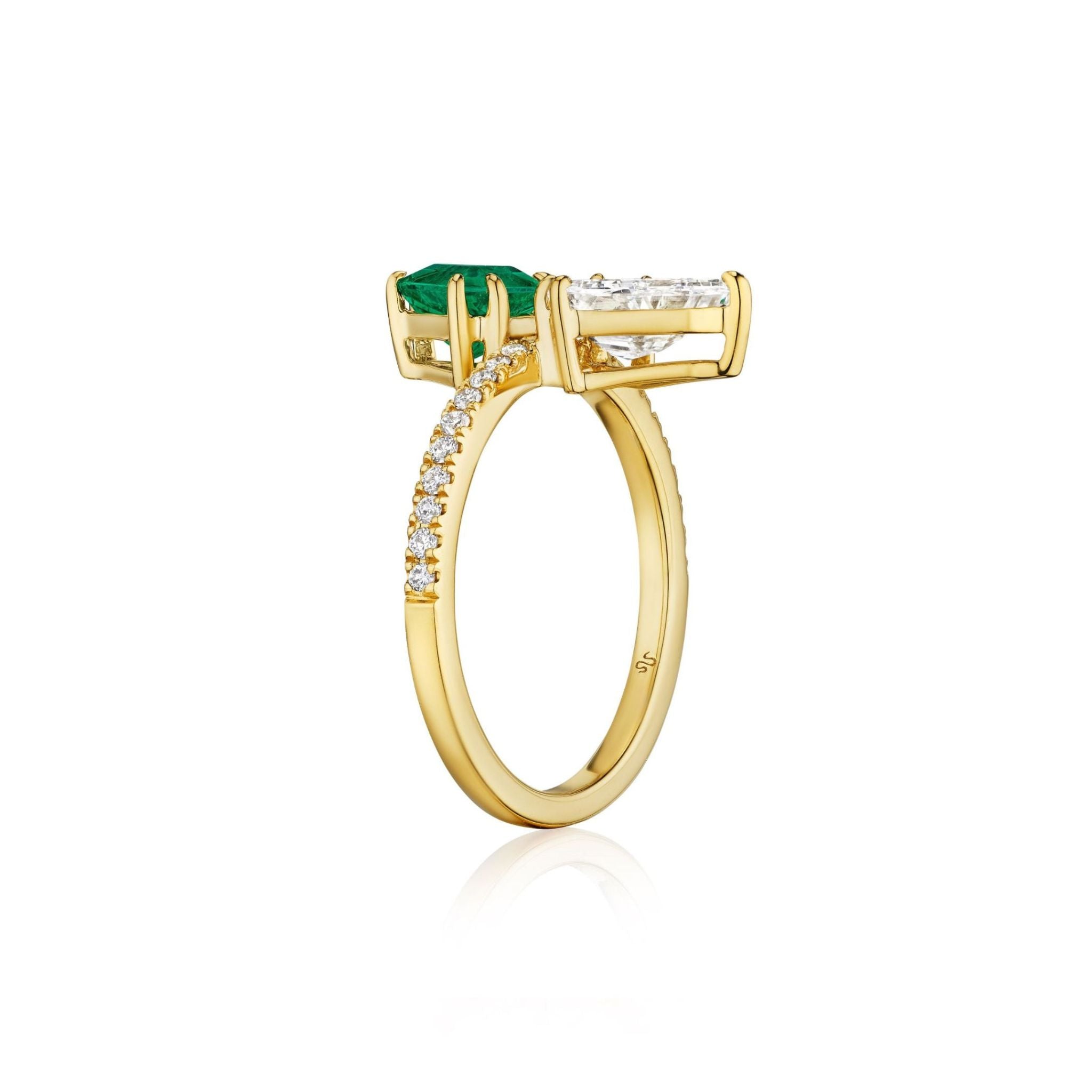 Emerald and Diamond Double Shield Ring in Yellow Gold