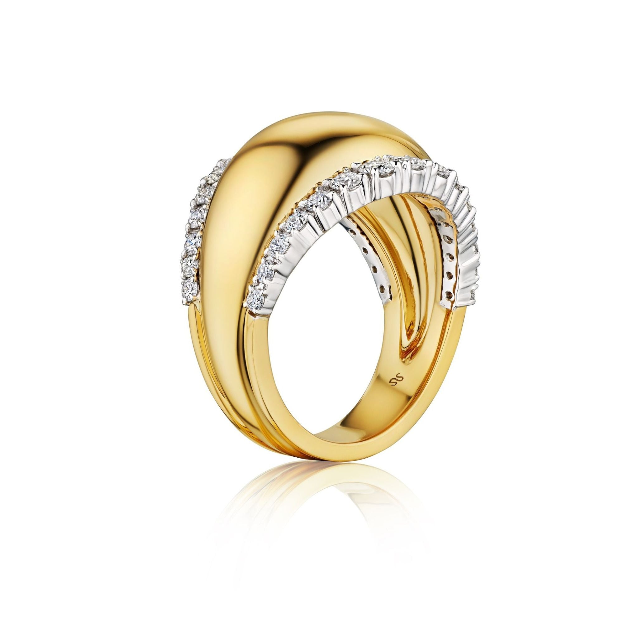Coil Dome Ring with Pavé Diamond Borders in Yellow Gold