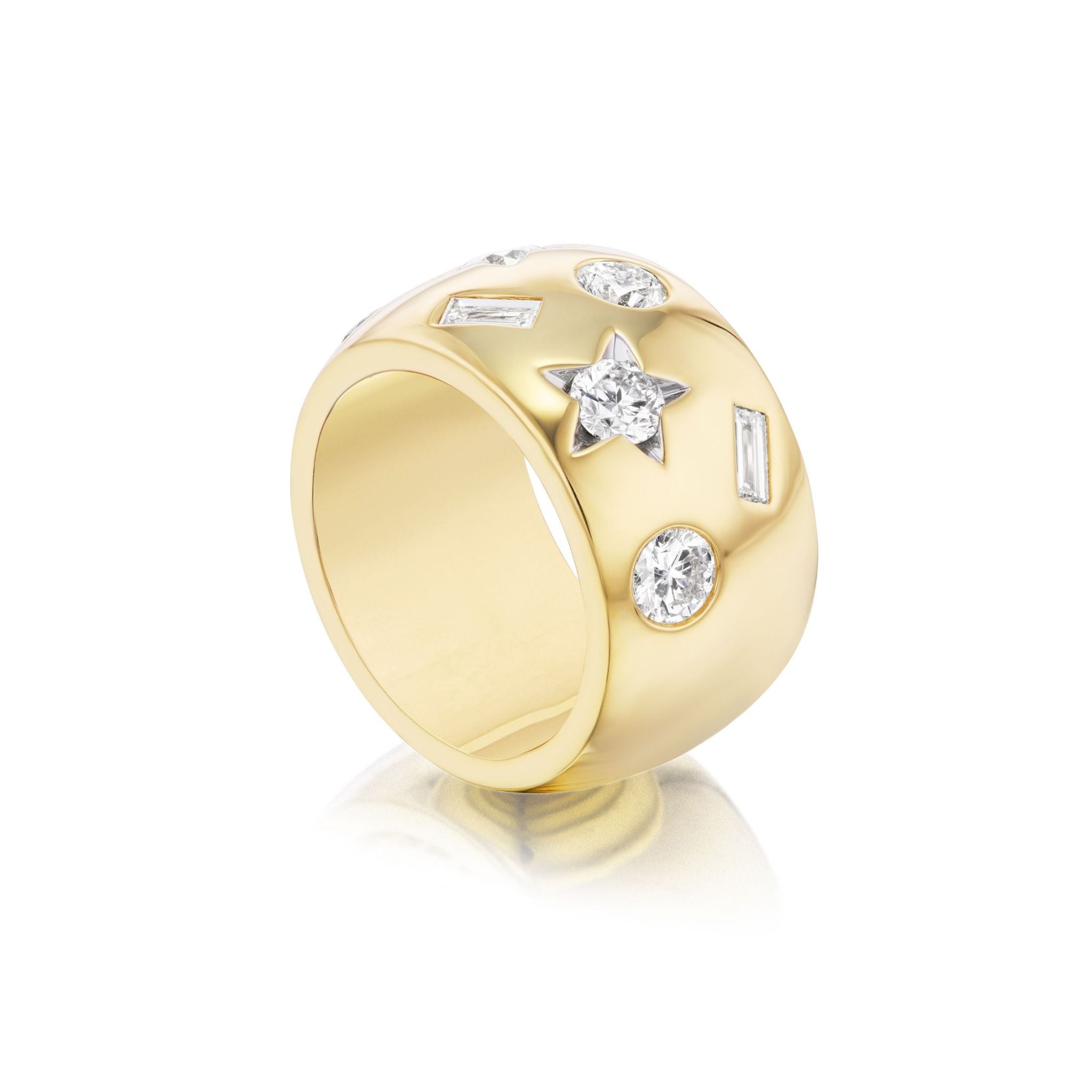 Large Celestial Cigar Band in Yellow Gold with Mixed Shape Diamonds