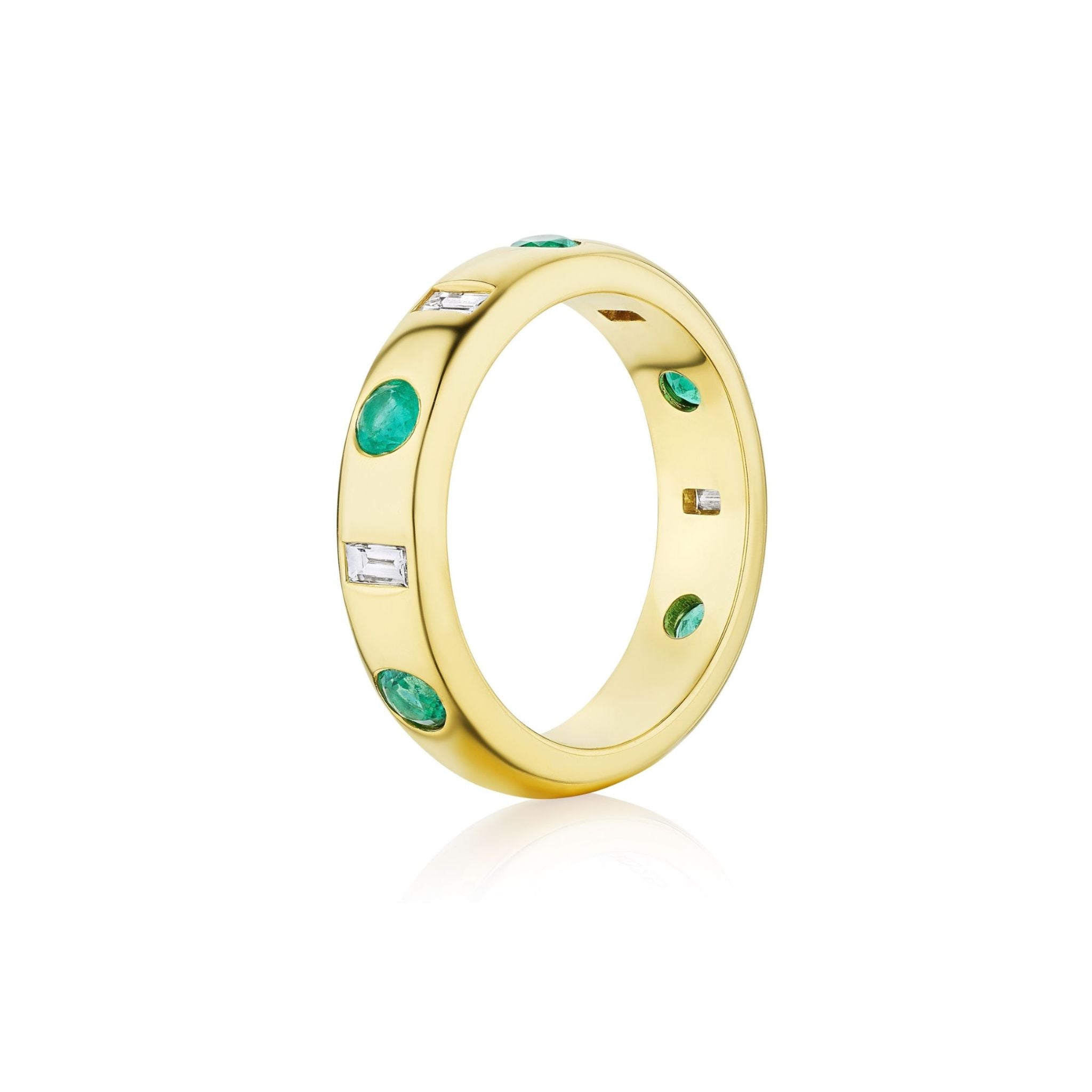 Burnish Set Baguette Diamond and Round Emerald Band in Yellow Gold