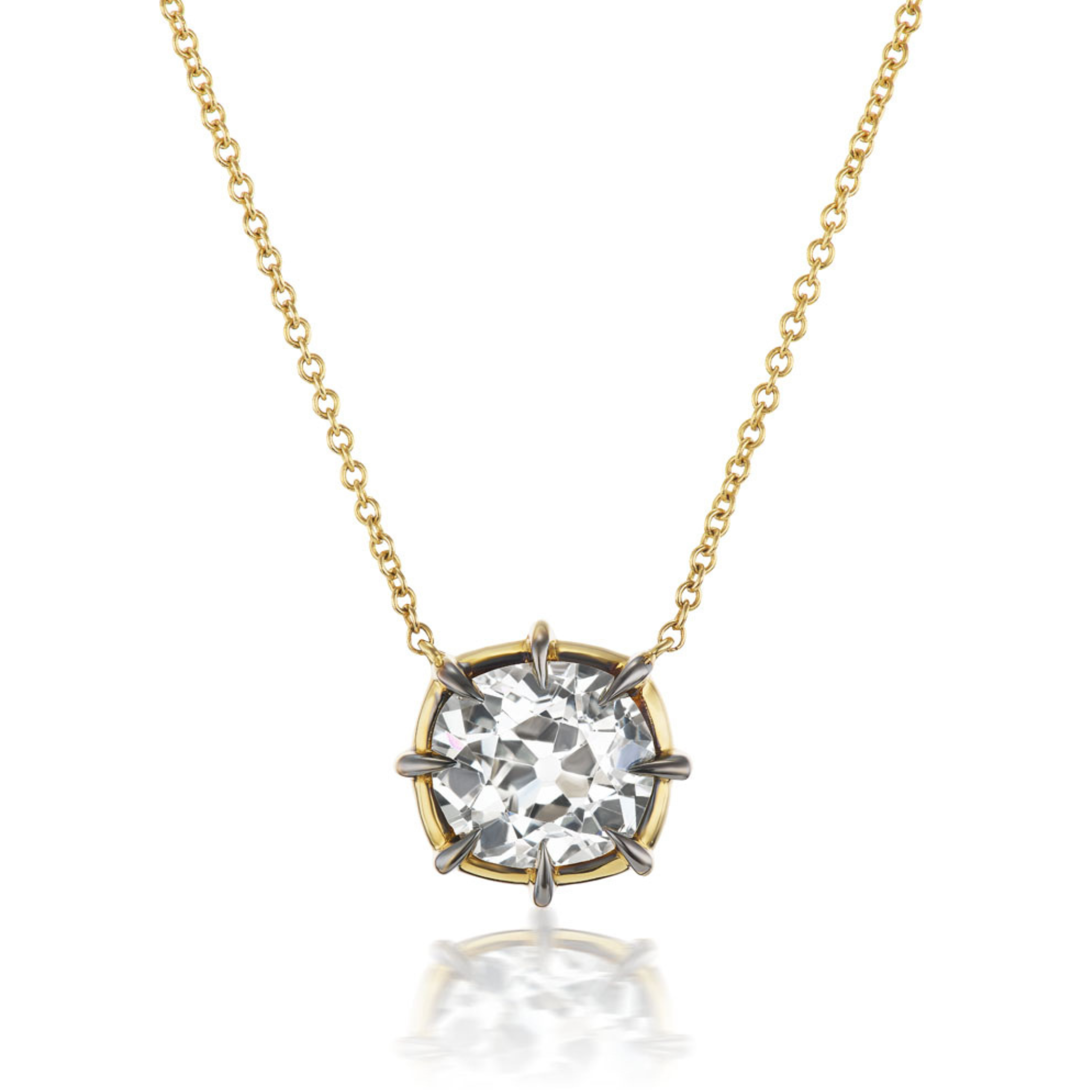 A striking Cushion Cut Diamond Collet Pendant crafted in yellow and blackened gold for a bold, elegant look.
