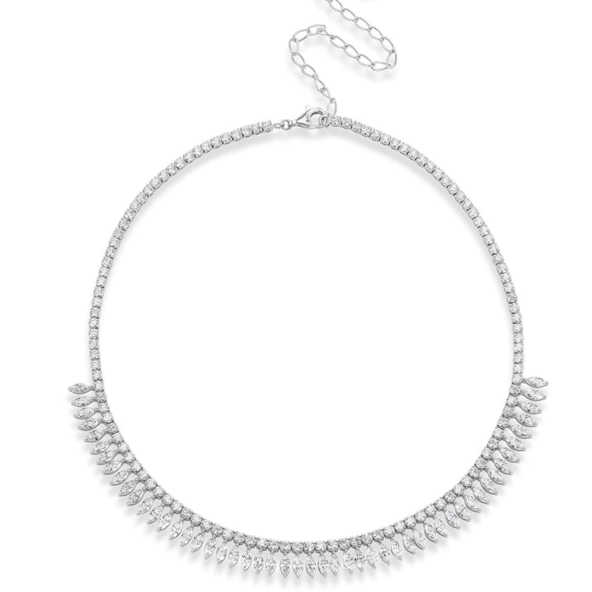 The Deco Feather Collar Necklace showcases marquise diamonds set in silver with an adjustable chain and clasp. This sparkling design exudes elegance and timeless style.