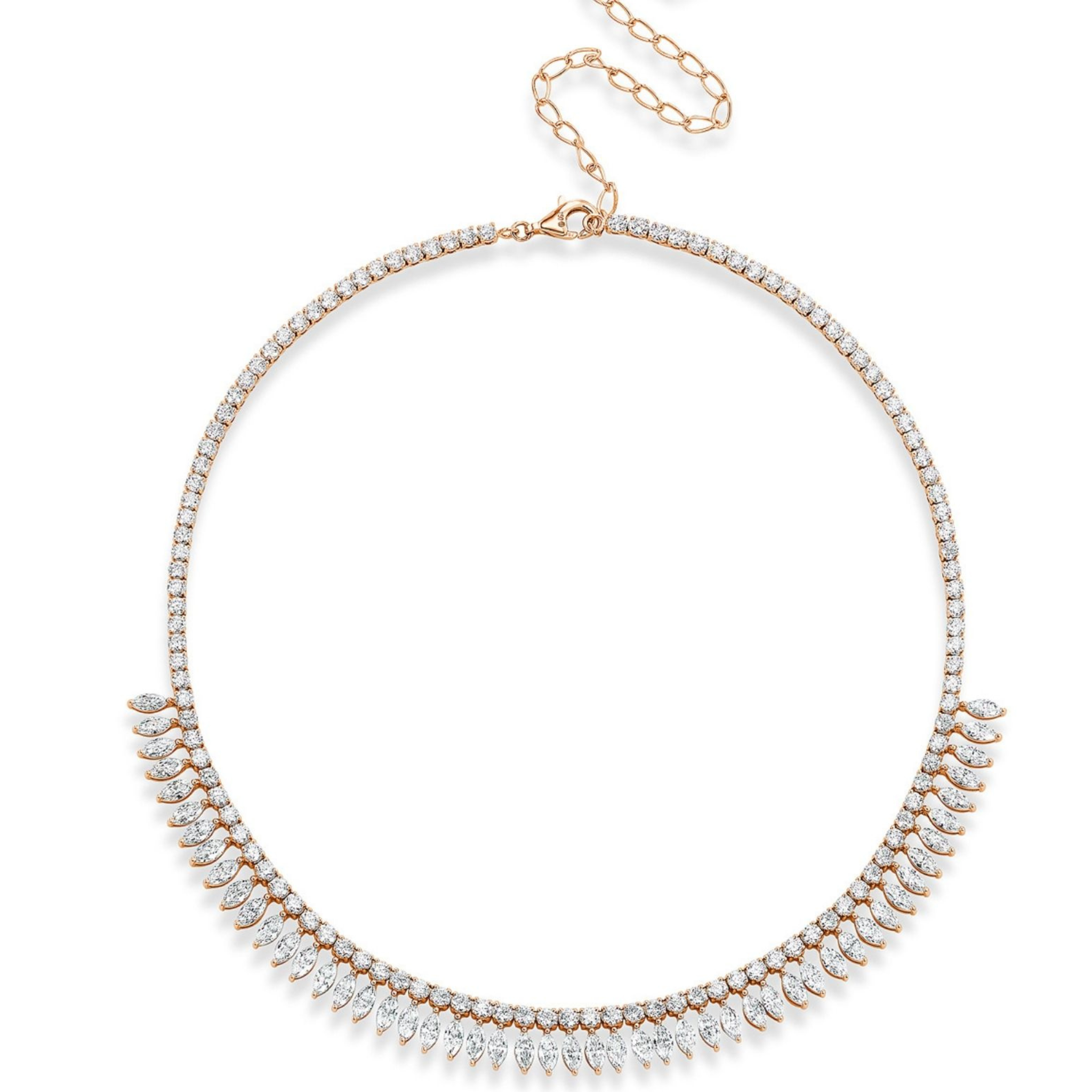 The Deco Feather Collar Necklace with Marquise Diamonds features rows of round and marquise diamond gemstones in a symmetrical fringe design, finished with an adjustable chain clasp.