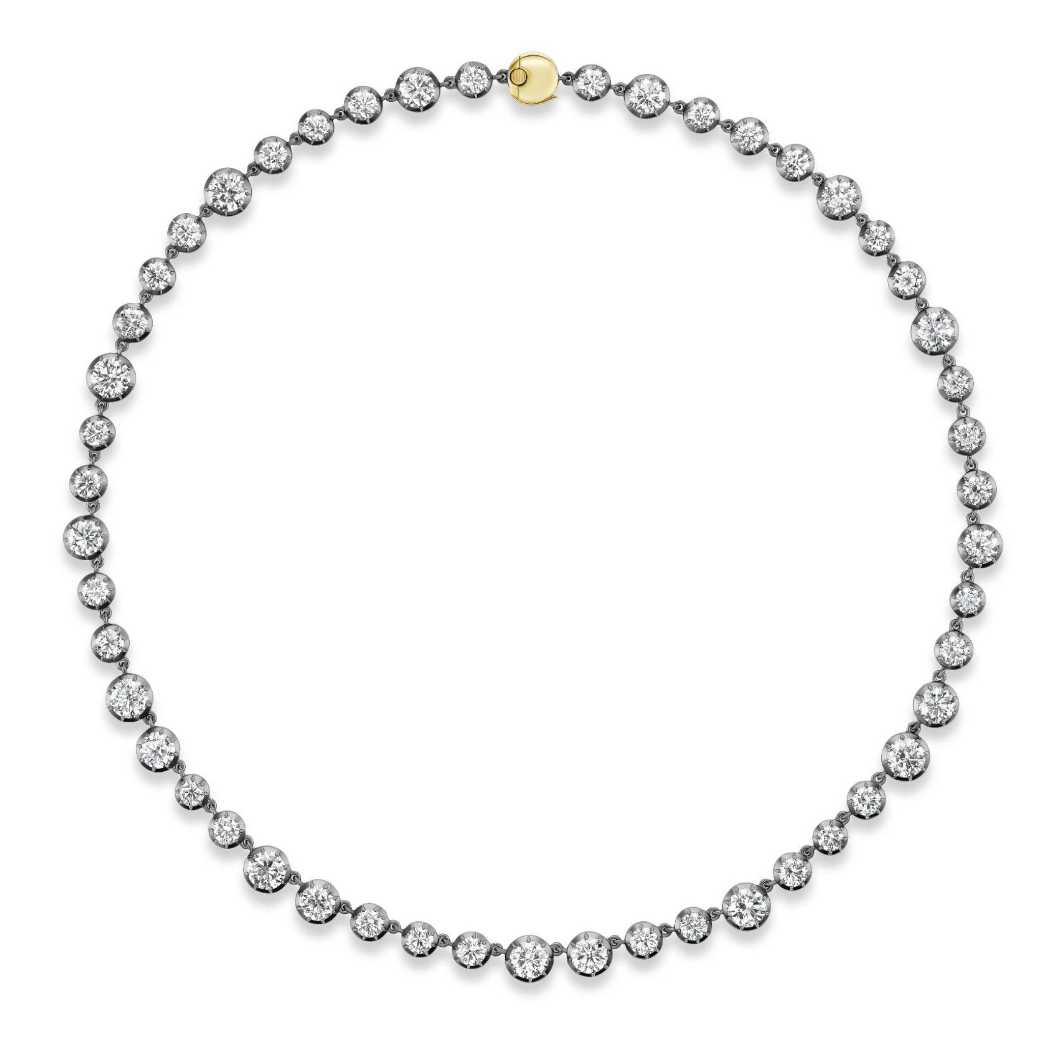 The Collet Set Graduating Round Diamond Necklace in Black Rhodium features a line of round, graduating diamonds, elegantly set and finished with a petite 18k yellow gold clasp at the top.