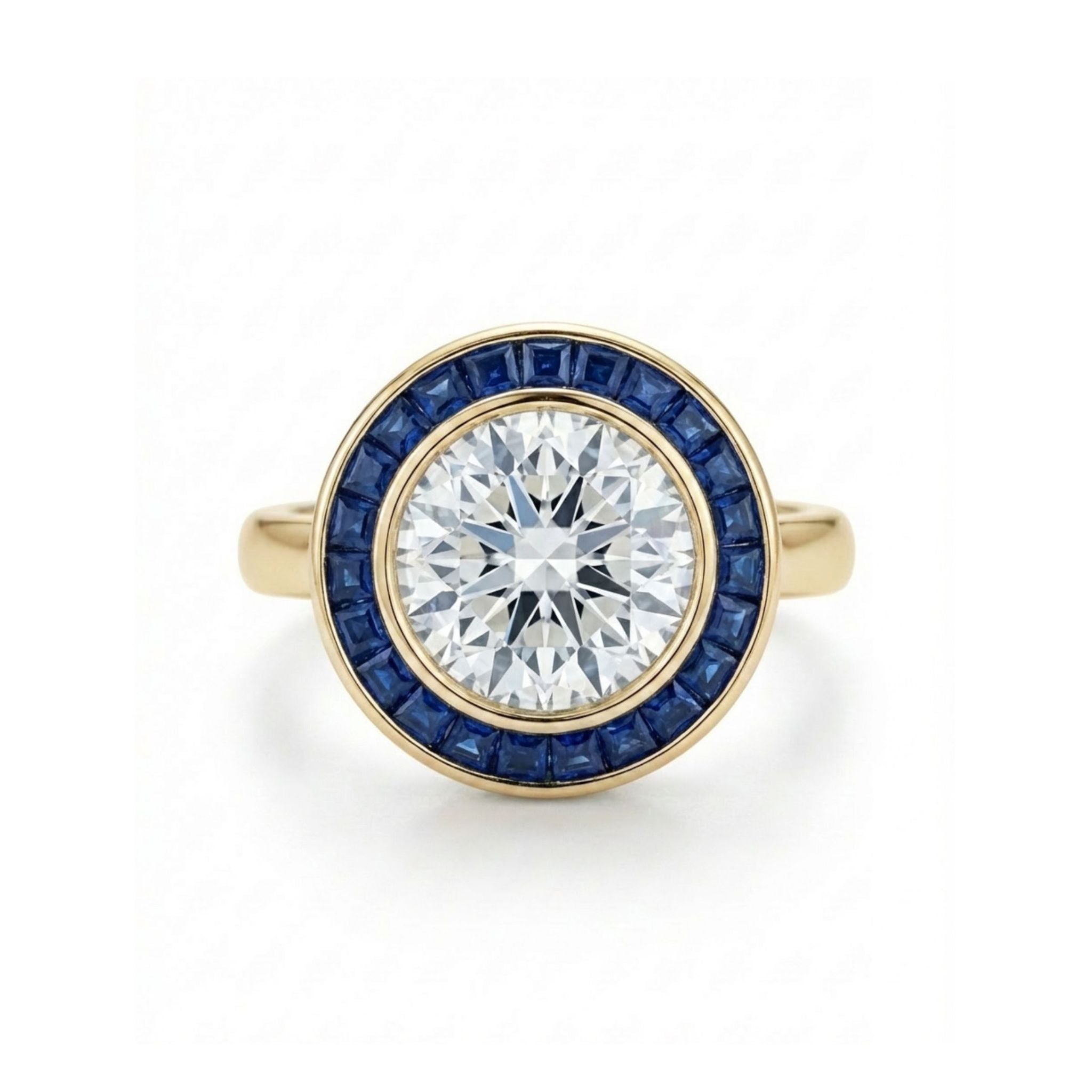 A Round Brilliant Diamond with Channel Set Sapphire Halo Ring featuring a large round diamond center stone, encircled by a halo of square blue sapphires set in a circular pattern.
