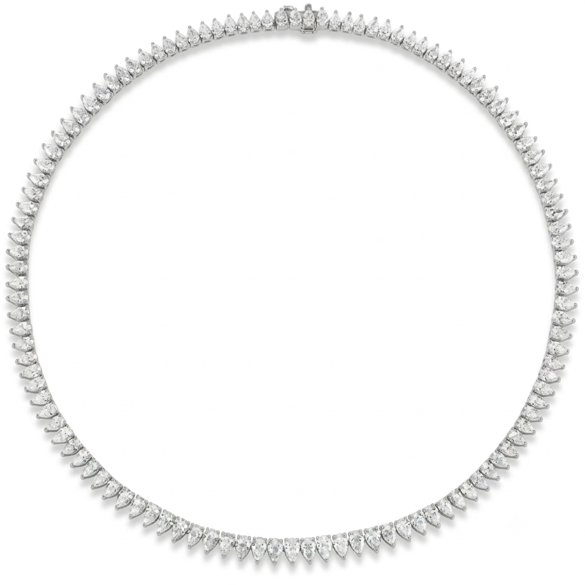 The Pear Diamond Tennis Necklace in White Gold features elegantly arranged teardrop-shaped diamonds set in a symmetrical design along an 18K white gold band, beautifully displayed against a plain white background.