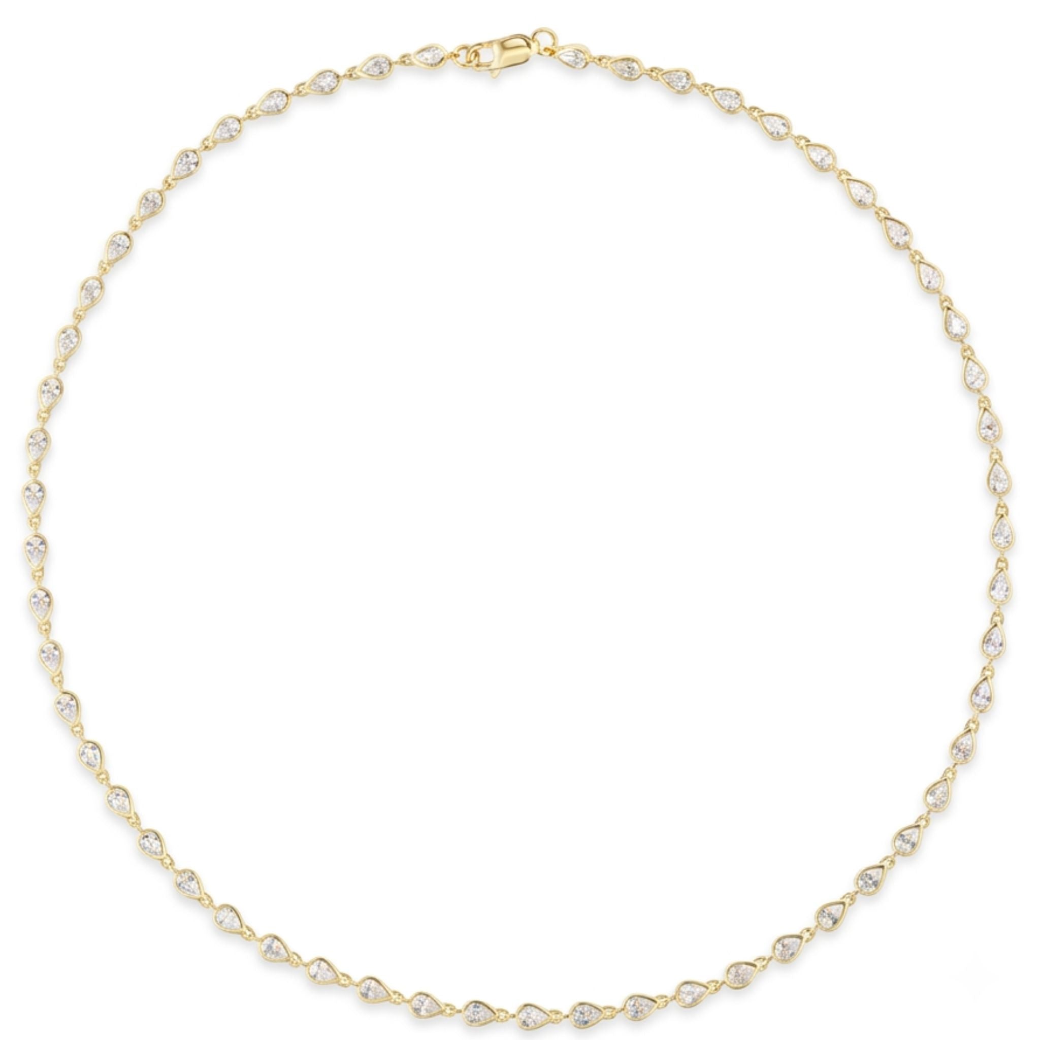 The Chasing Pears Diamond Garland Necklace is crafted in 18K gold and adorned with small, teardrop-shaped diamonds artfully spaced along the chain, displayed in a graceful circular arrangement on a white background.