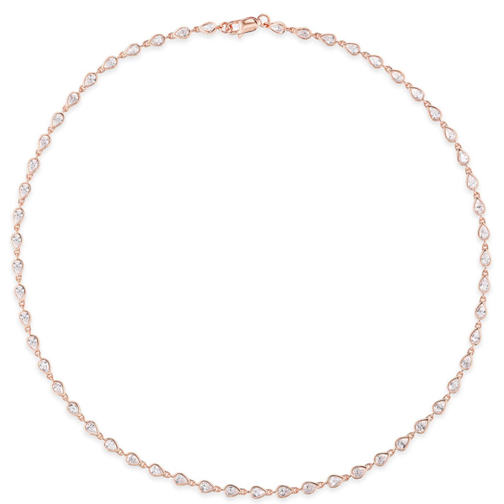 Introducing the Chasing Pears Diamond Garland Necklace: a delicate 18K rose gold necklace adorned with evenly spaced pear-shaped diamond charms, totaling 5.50TCW. Each teardrop charm is set with a sparkling diamond, creating an elegant garland that lays gracefully in a circular shape and fastens securely with a small clasp at the top.