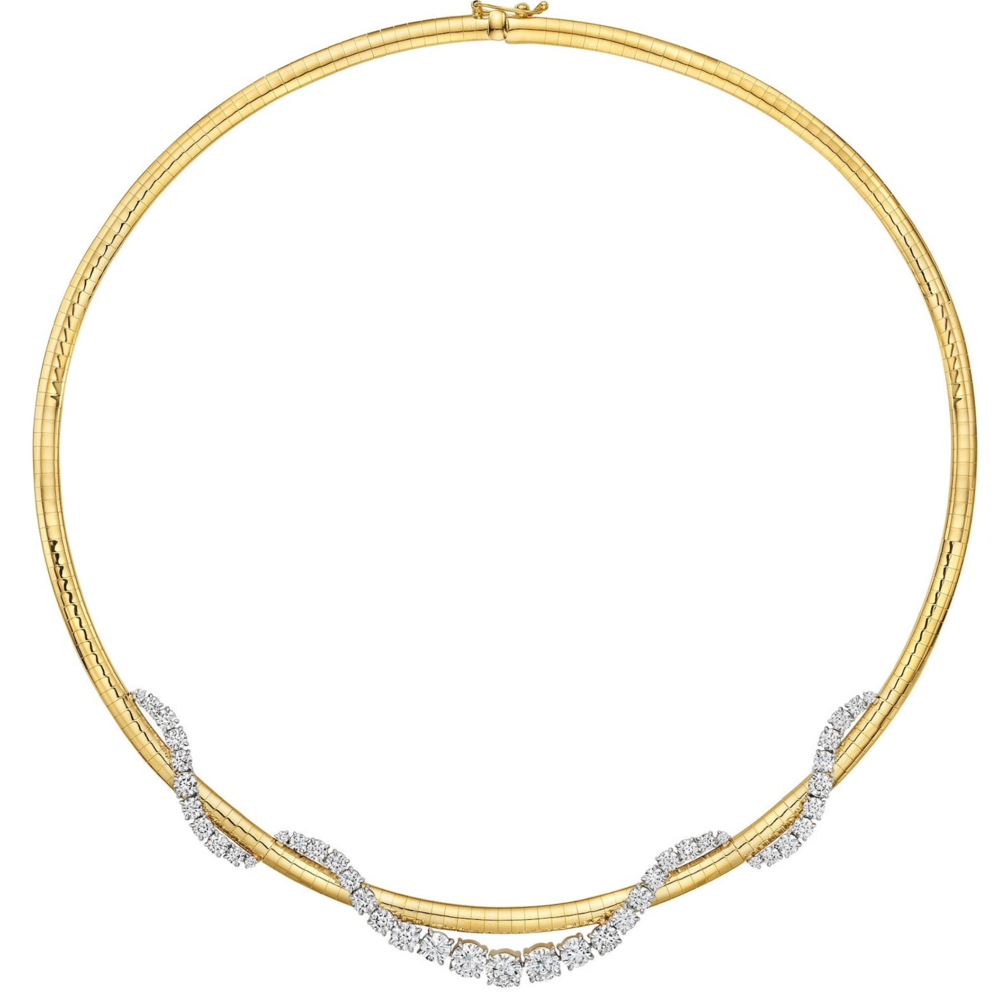 The Coil Graduated Round Diamond and Omega Chain Necklace in Yellow Gold and Platinum features a smooth, rounded band with clusters of natural diamonds set in a wavy pattern along the front.