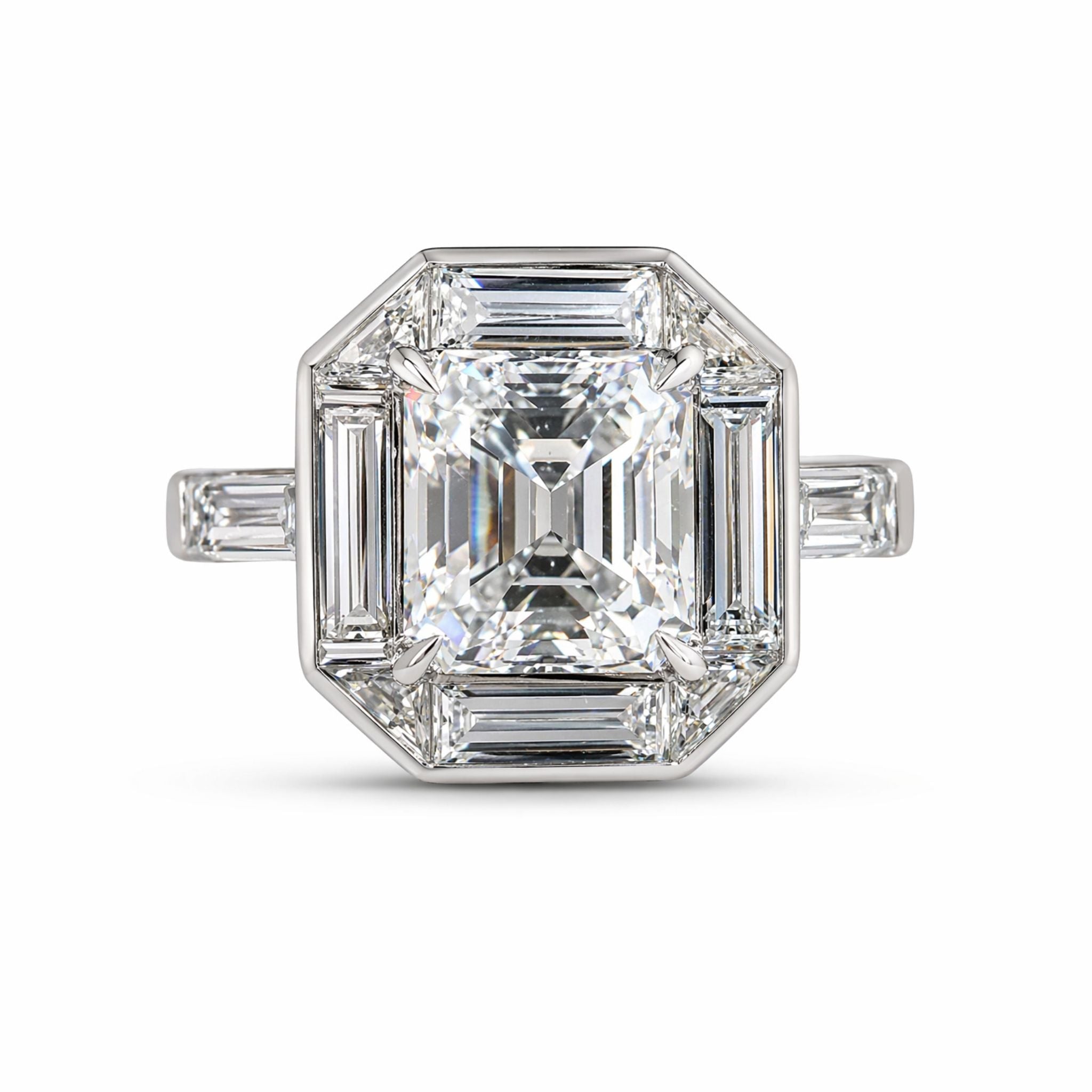 The Diamond Ring, Mounted by Oscar Heyman, features a large square emerald-cut diamond center, octagonal baguette-diamond surround and band accents, all set in platinum, and comes with a GIA report.