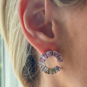 Confetti Wheel of Fortune Earrings in White Gold with Emerald Cut Diamonds and Multicolor Sapphires