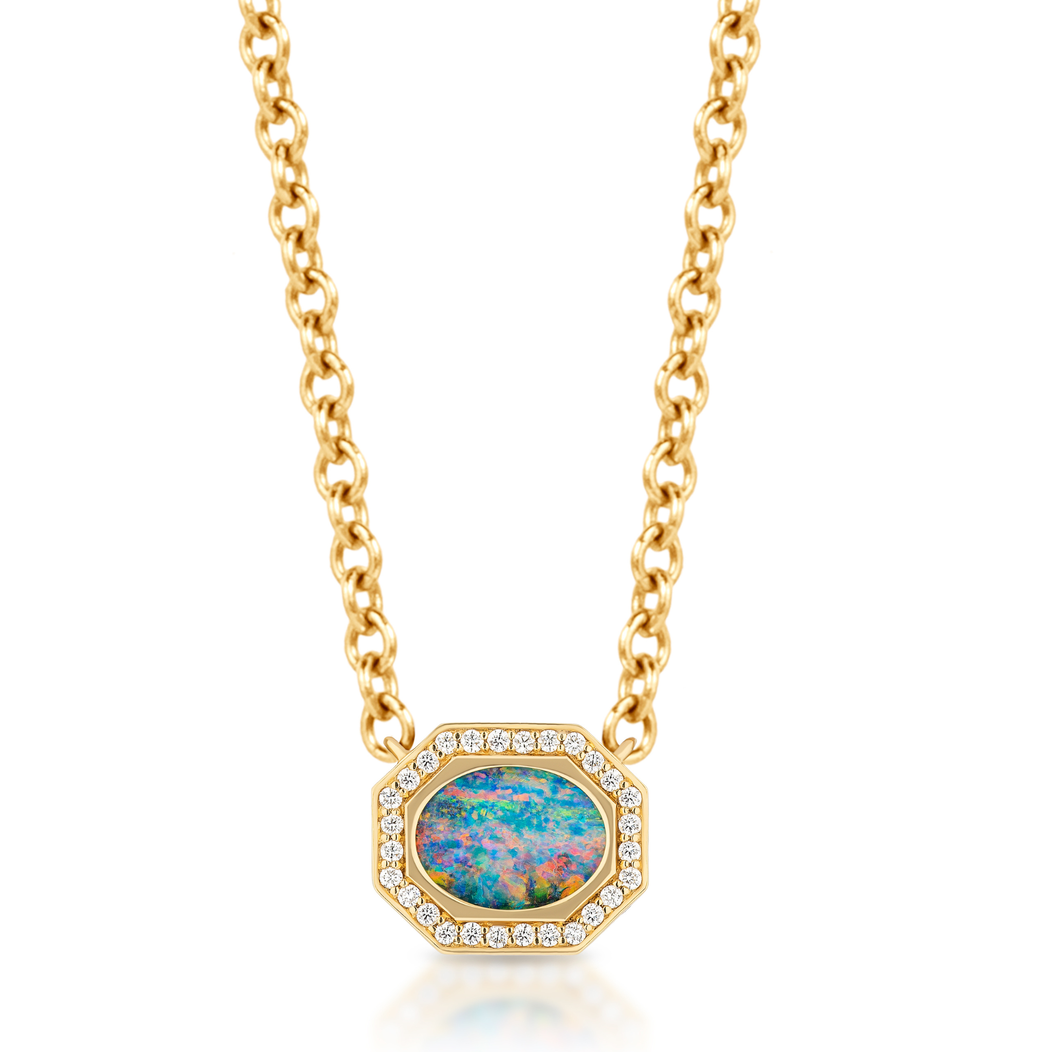 The East-West Burnish Set Oval Opal Pendant features a colorful opal center, pavé white gemstones, and an 18K yellow gold chain—an elegant opal jewelry piece.