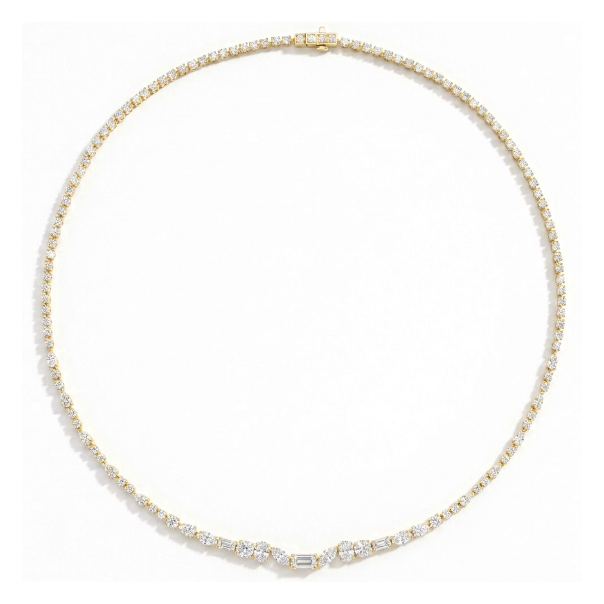 The East-West Mixed Shape Diamond Tennis Necklace in Yellow Gold features a delicate 18K yellow gold chain adorned with mixed-shape diamonds set evenly along its length, beautifully displayed in a circular arrangement on a plain white background.