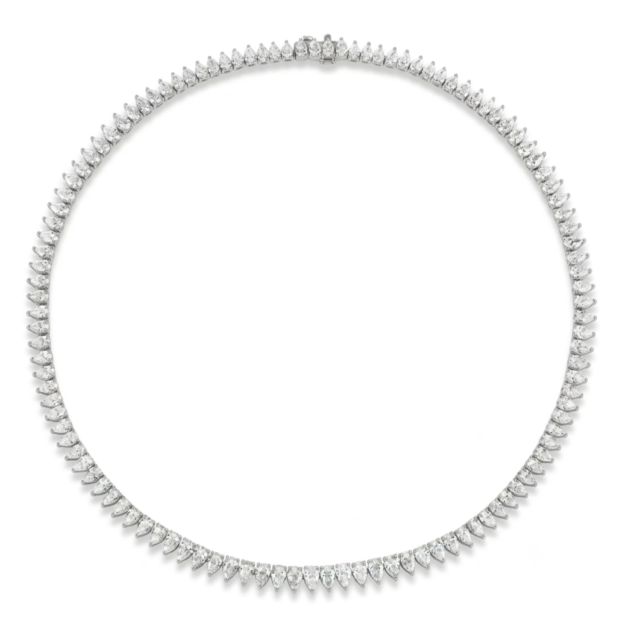 Introducing the Pear Diamond Tennis Necklace in White Gold, featuring teardrop-shaped diamonds gracefully arranged along the full length of its 18K white gold chain for a strikingly elegant and symmetrical look.
