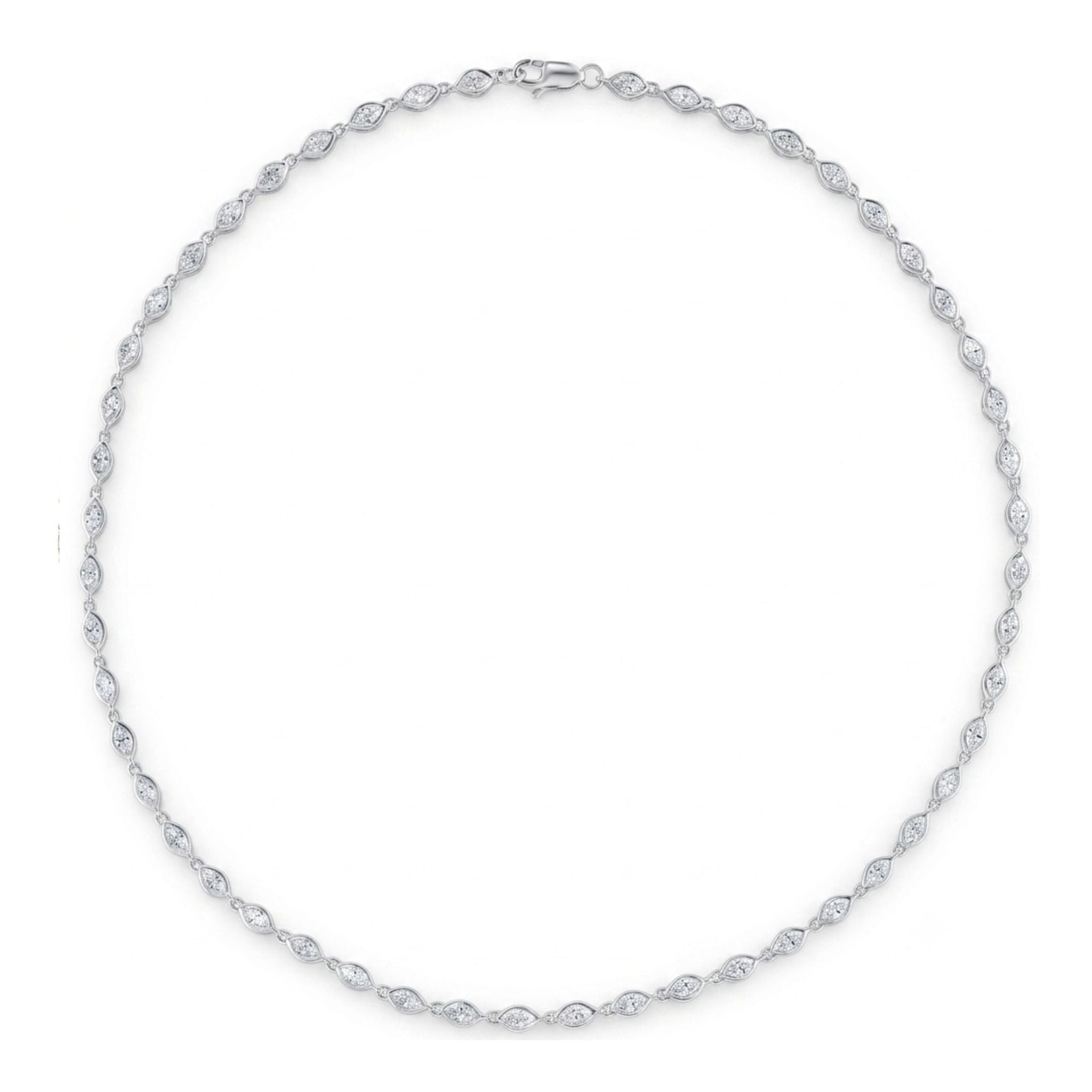 The Chasing Marquise Tennis Necklace, crafted in 18k white gold, features evenly spaced marquise diamond settings arranged in an elegant continuous circle, displayed against a white background.
