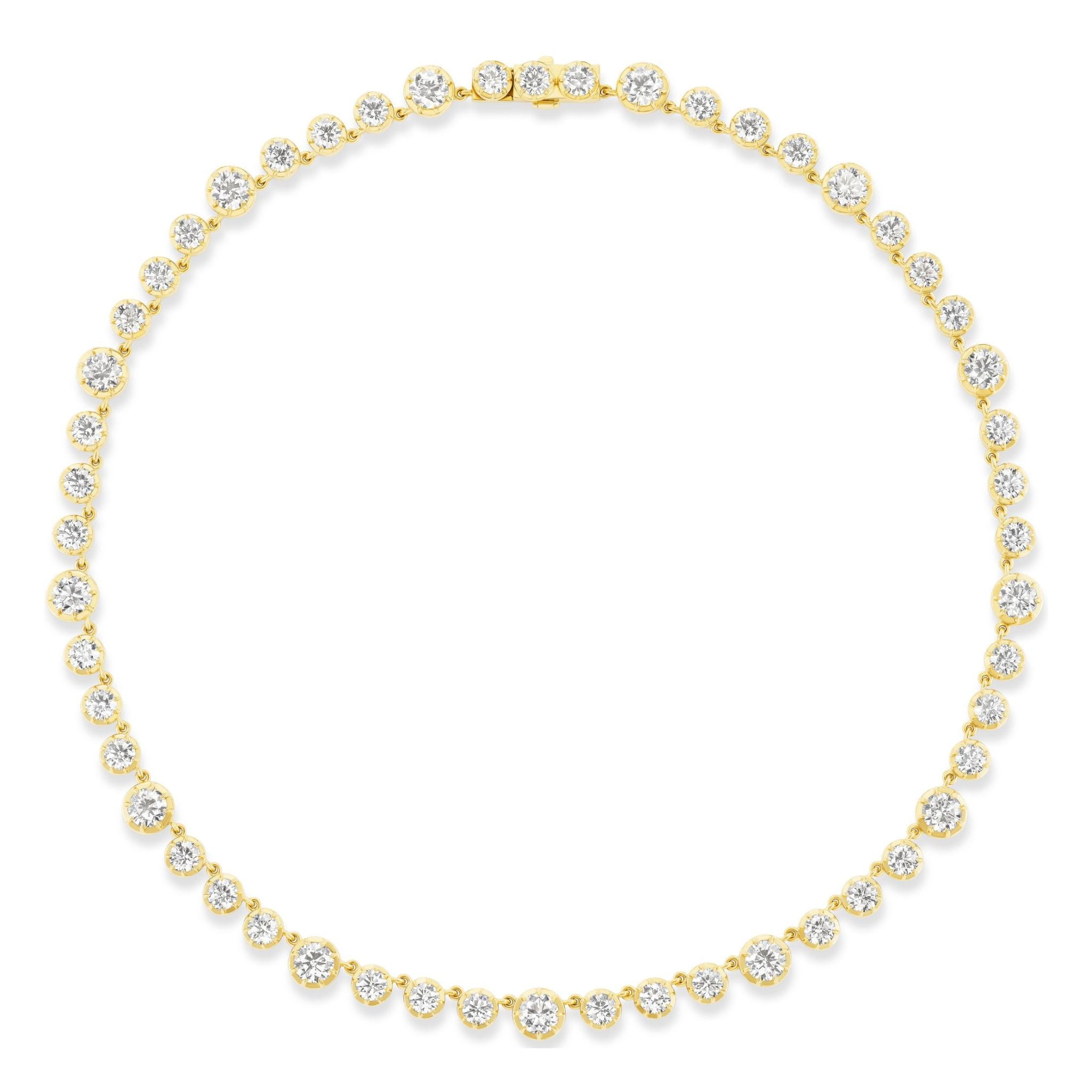 A Collet Set Round Diamond Graduated Tennis Necklace in Yellow Gold, featuring round diamonds set in 18k yellow gold with a graduated design for timeless elegance.