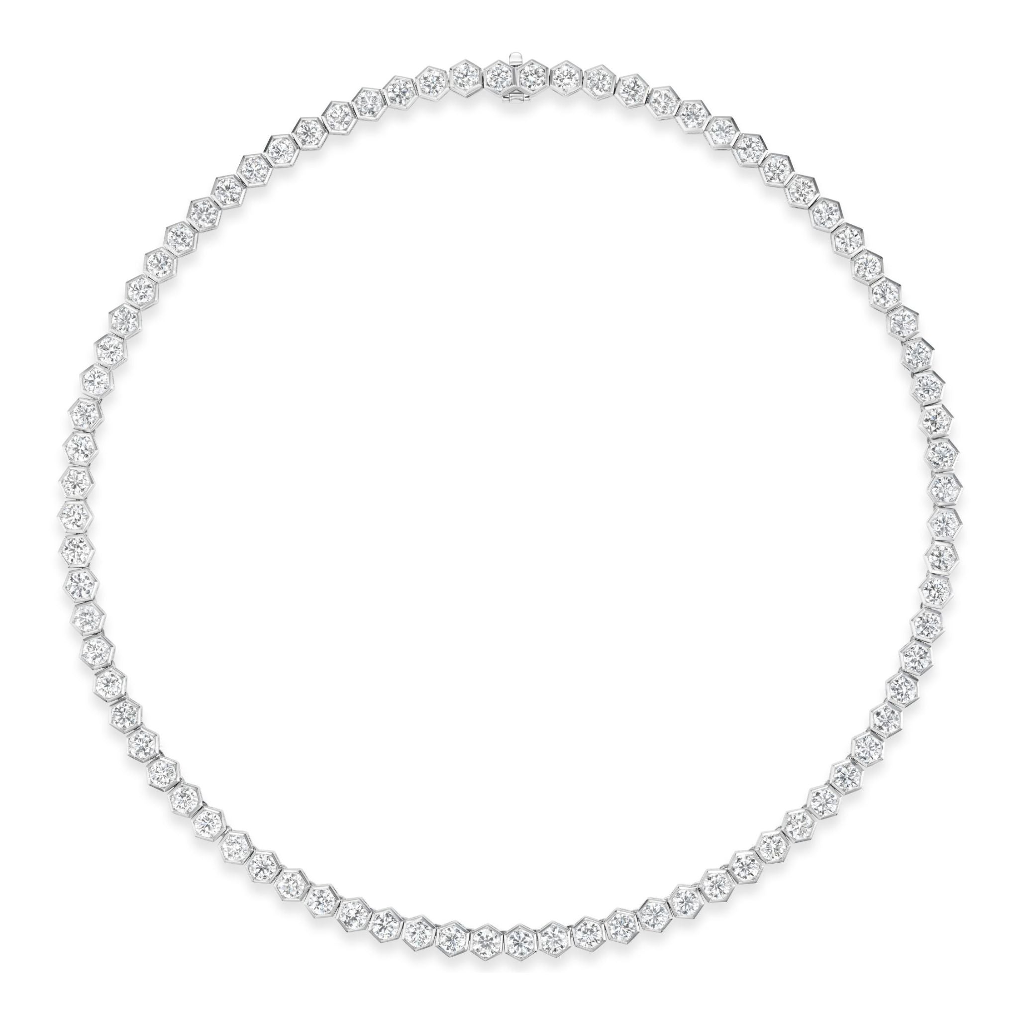 A Large Hexagon Bezel Set Diamond Tennis Necklace in White Gold, featuring dazzling diamonds bezel-set in geometric hexagon motifs, forms a complete elegant circle against a white background.