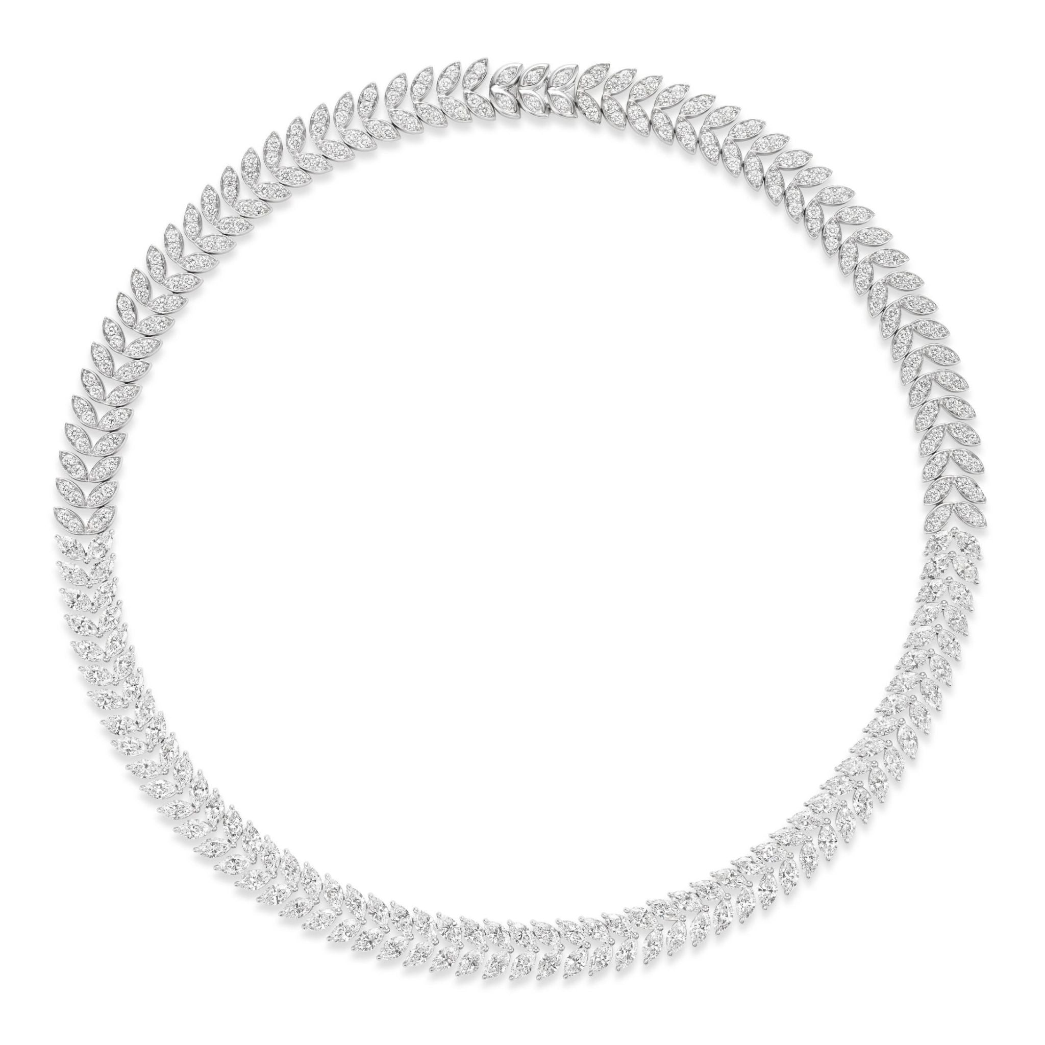 The Marquise Floral Tennis Necklace in White Gold features a continuous, elegant design inspired by small, pointed leaves, each set with a central diamond and expertly crafted in exquisite 18k white gold.