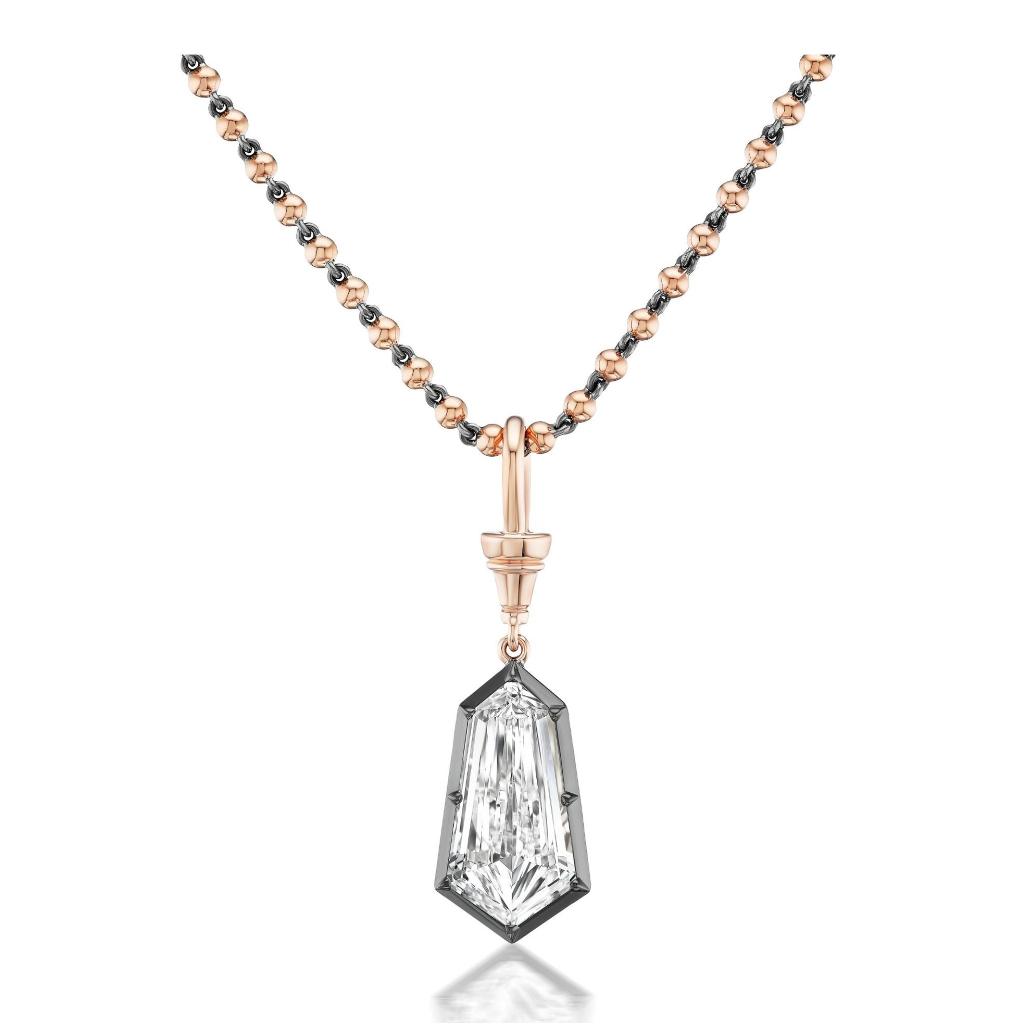Collet Set Shield Cut Diamond Necklace in Yellow Gold and Black Rhodium, featuring a 16-inch yellow gold beaded chain with a geometric shield-cut diamond pendant set in a bold black rhodium-plated frame and suspended from an elegant gold bail.
