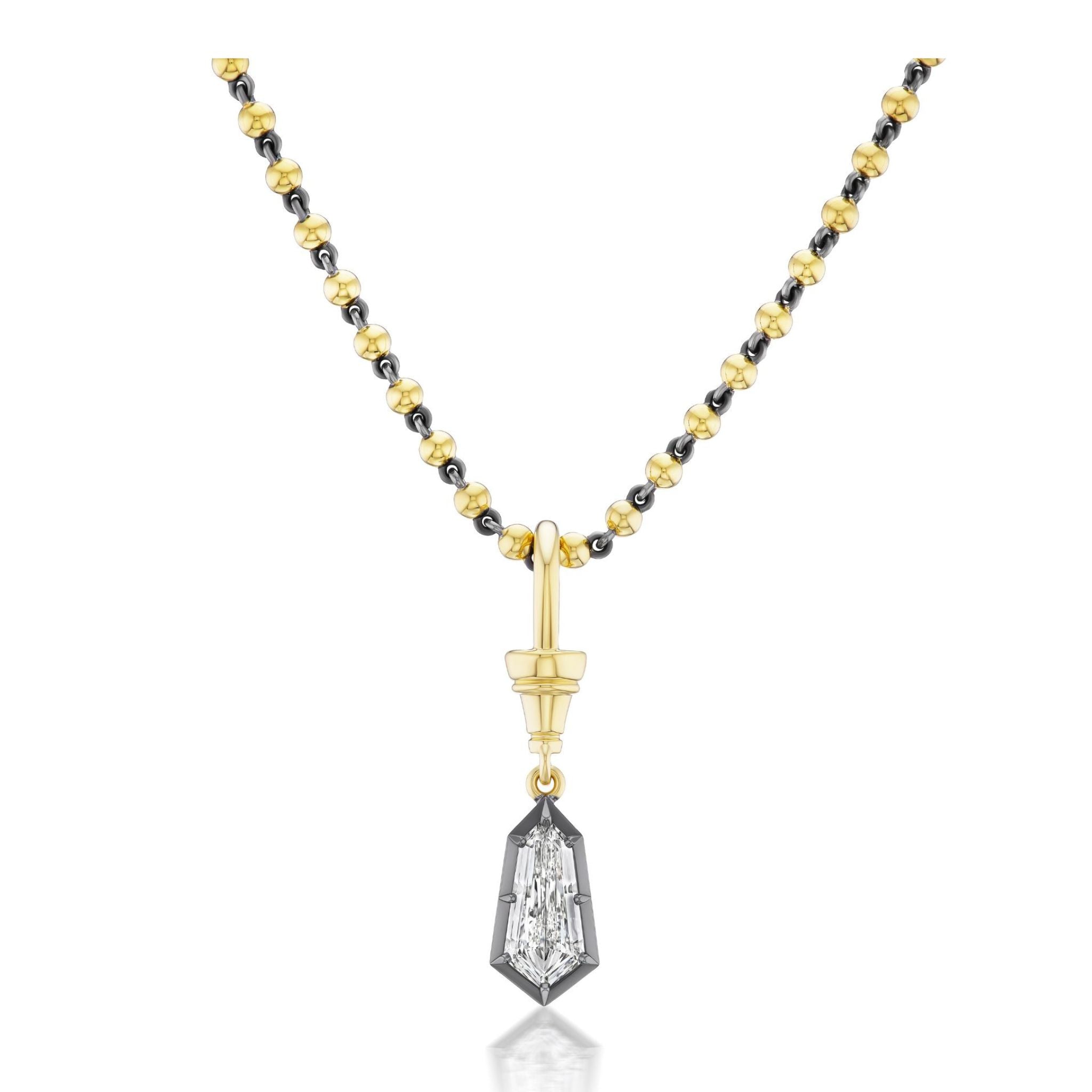 Collet Set Shield Shape Diamond Necklace in Yellow Gold and Black Rhodium, featuring gold and black beading with a geometric shield-shaped diamond pendant set in 18k yellow gold and dark rhodium, photographed on a white background.