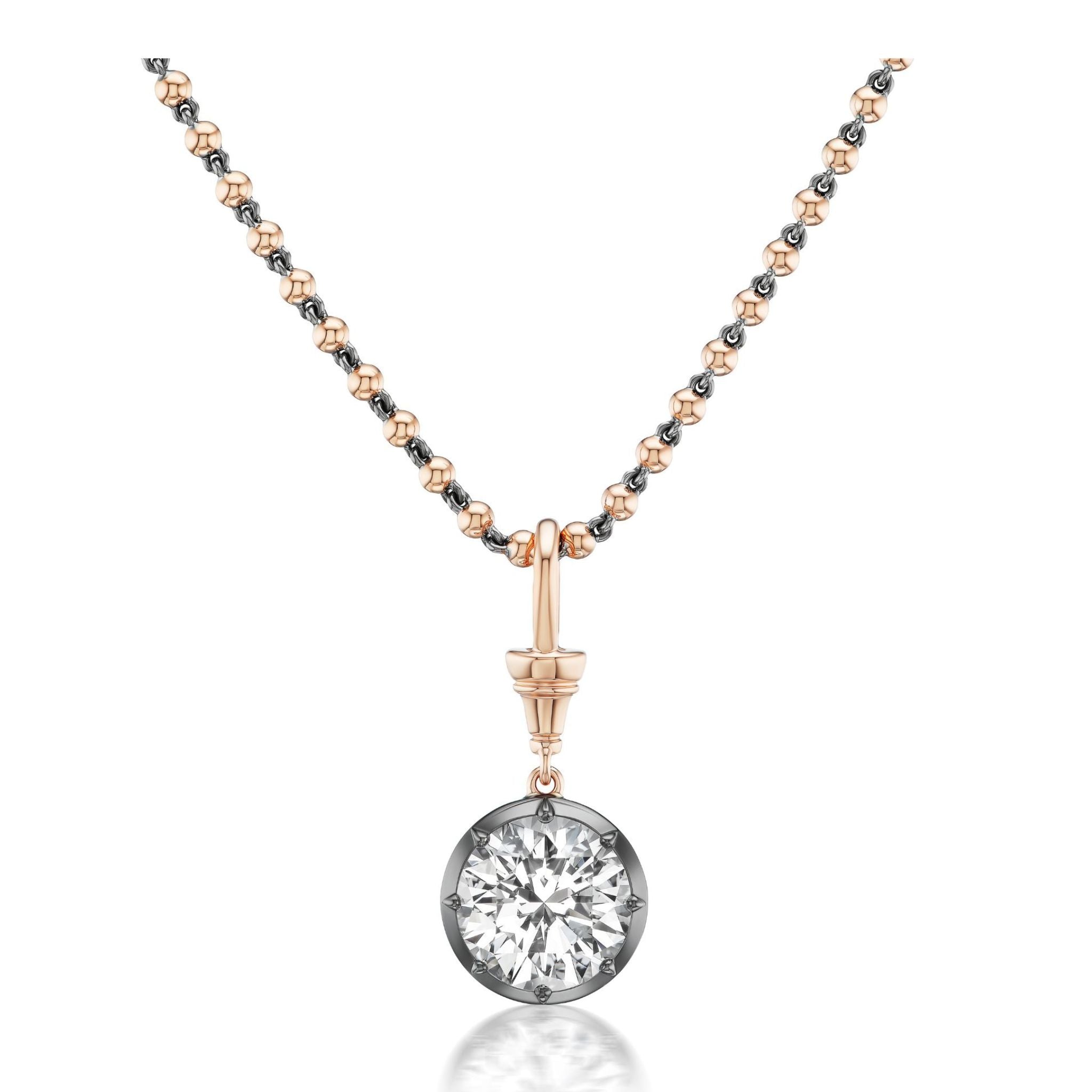 Collet Set Round Diamond Necklace in Rose Gold and Black Rhodium, featuring an 18k rose gold and silver chain with a round diamond pendant in a bezel setting, accented by black rhodium plating, displayed on a white background.