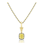 Collet Set Cushion Cut Yellow Diamond Necklace in Black Rhodium and Yellow Gold, featuring a beaded chain with a cushion cut Fancy Yellow Diamond pendant encased in a black rhodium and yellow gold frame, suspended from an ornate 18k yellow gold bail.