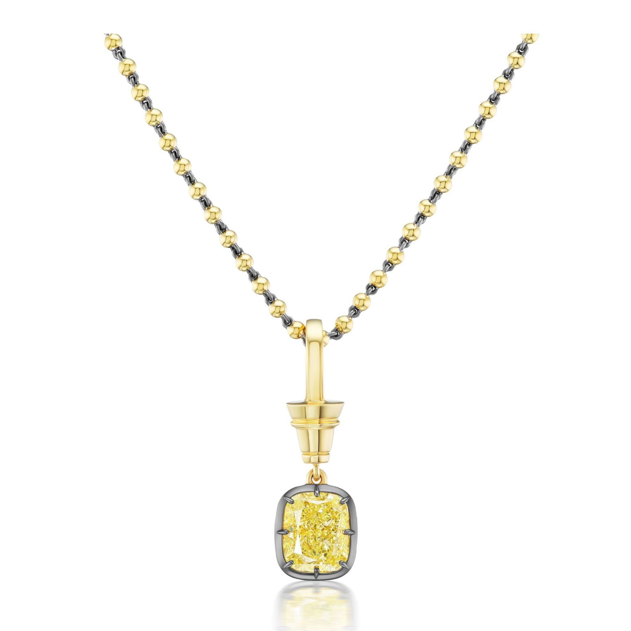 Collet Set Cushion Cut Yellow Diamond Necklace in Black Rhodium and Yellow Gold, featuring a beaded chain with a cushion cut Fancy Yellow Diamond pendant encased in a black rhodium and yellow gold frame, suspended from an ornate 18k yellow gold bail.