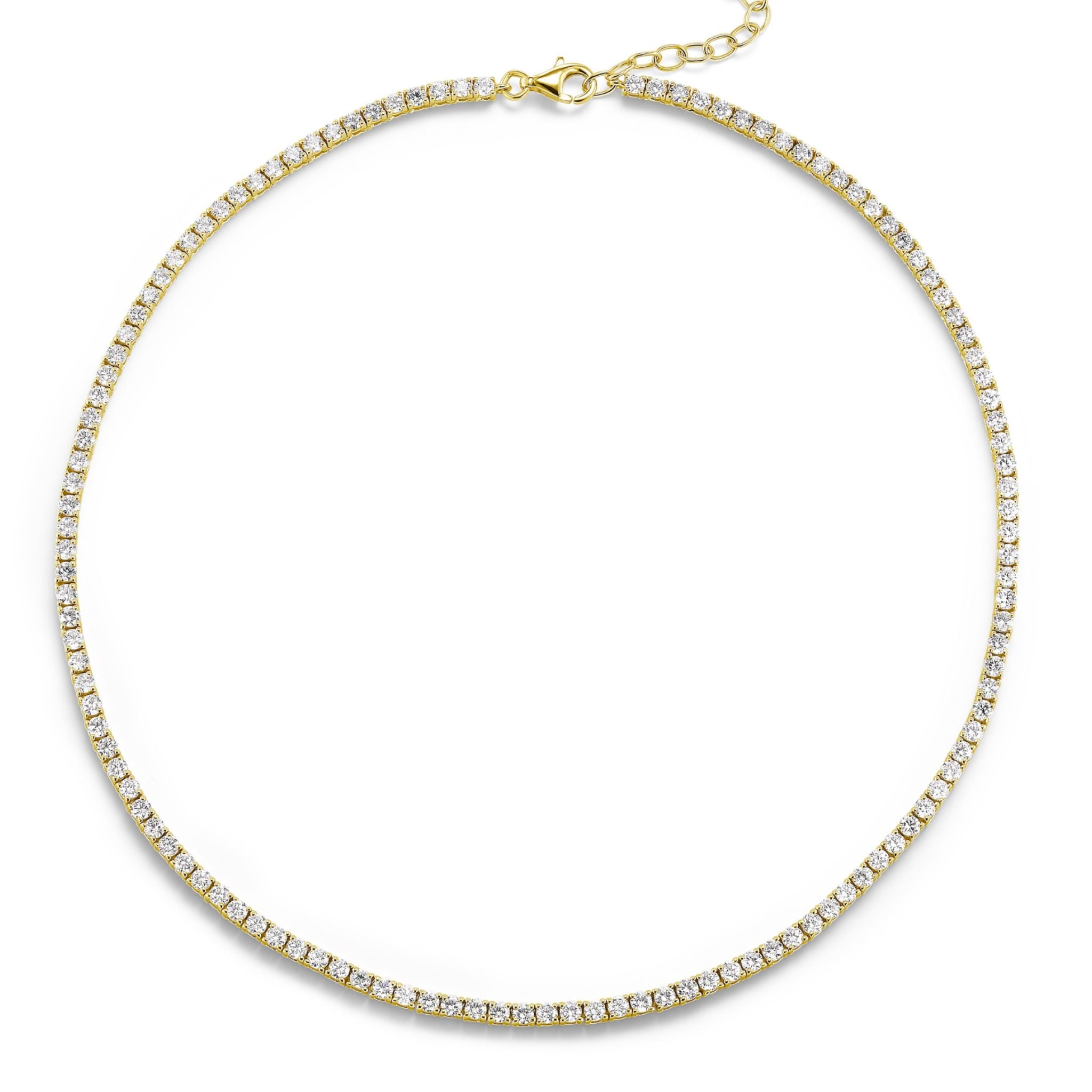 A striking Large Adjustable Round Brilliant Diamond Tennis Necklace in Yellow Gold, featuring evenly set round brilliant diamonds along the chain with an adjustable clasp, elegantly displayed on a white background.