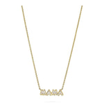 Bezel Set "Mama" Diamond Pendant Chain Necklace in Yellow Gold, featuring a yellow gold chain and a pendant that spells out MAMA in capital letters, each bezel-set and outlined in gold with pavé diamonds, displayed on a plain white background.