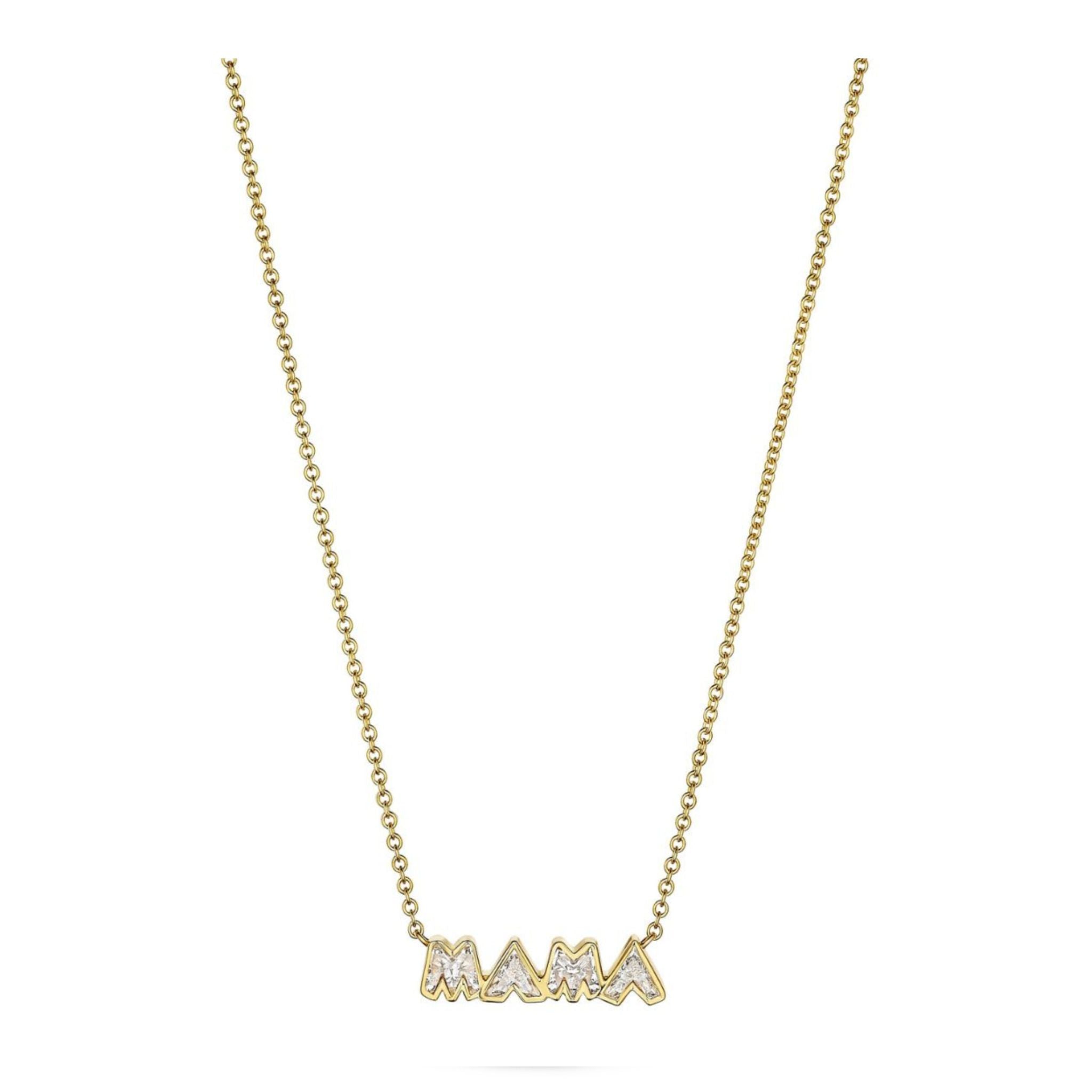 Bezel Set "Mama" Diamond Pendant Chain Necklace in Yellow Gold, featuring a yellow gold chain and a pendant that spells out MAMA in capital letters, each bezel-set and outlined in gold with pavé diamonds, displayed on a plain white background.