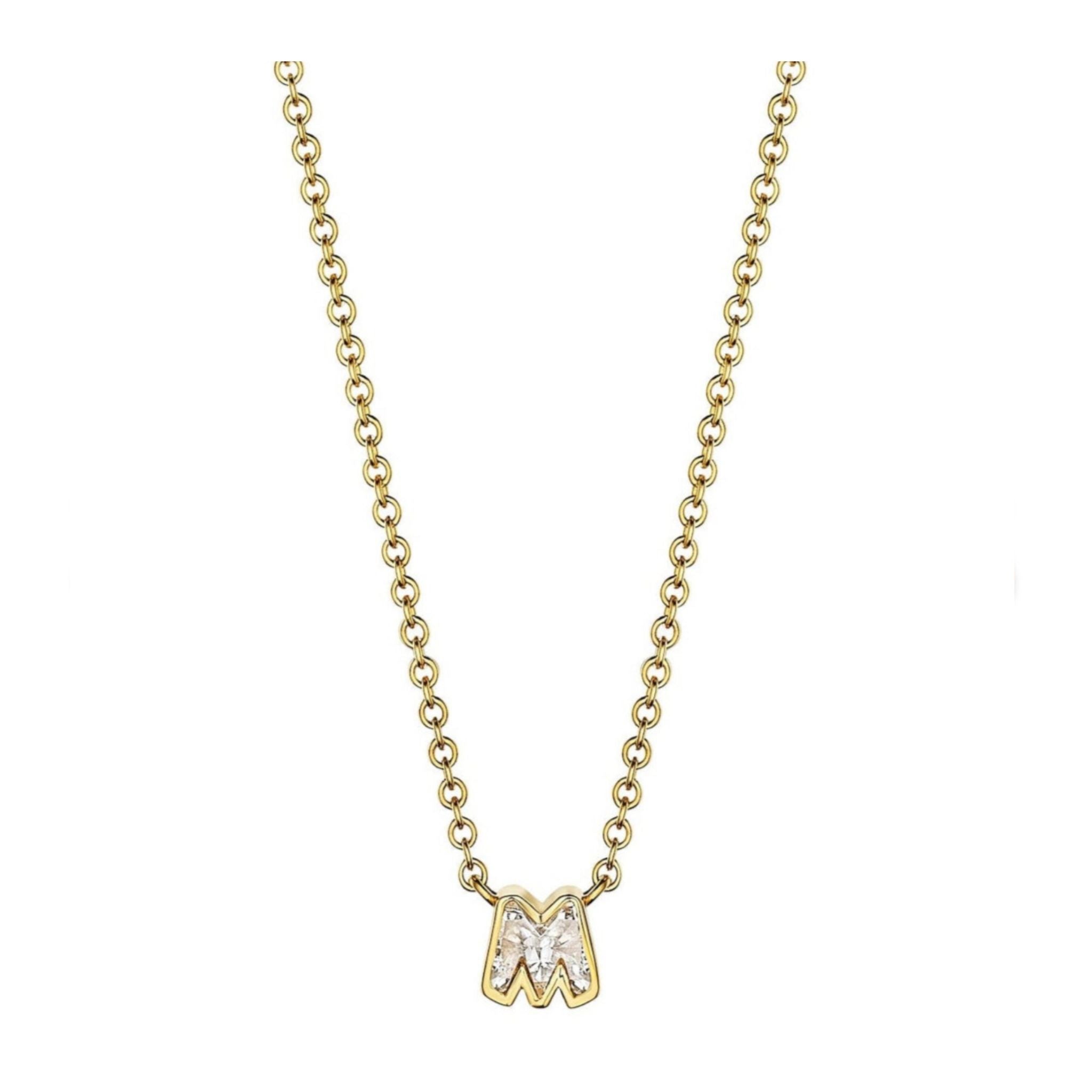 Bezel Set Diamond Letter Pendant Necklace in Yellow Gold displayed on a plain white background. This elegant 18k yellow gold necklace features a customizable diamond letter pendant, bezel set for added brilliance, making it a personalized and timeless accessory.