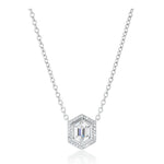 Introducing the Pavé Hexagonal Diamond Solitaire Pendant in White Gold: a stunning silver necklace showcasing a hexagon-shaped pendant with an emerald-cut centerpiece, elegantly encircled by pavé-set round diamonds on a delicate chain—this exquisite piece offers a modern, sophisticated take on the classic diamond pendant.