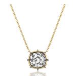 Introducing the Cushion Cut Diamond Collet Pendant in Yellow and Blackened Gold—a gold chain necklace showcasing a round cushion cut diamond solitaire pendant. The classic and elegant design is beautifully crafted in 18k yellow and blackened gold, enhancing the brilliance of the gemstone with a timeless collet setting.