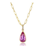 Collet Set Pear Shape Pink Sapphire Pendant Chain Necklace in Yellow Gold, showcasing a teardrop-shaped pink sapphire set in 18K yellow gold with elongated links and pavé diamond accents on the pendant bail.
