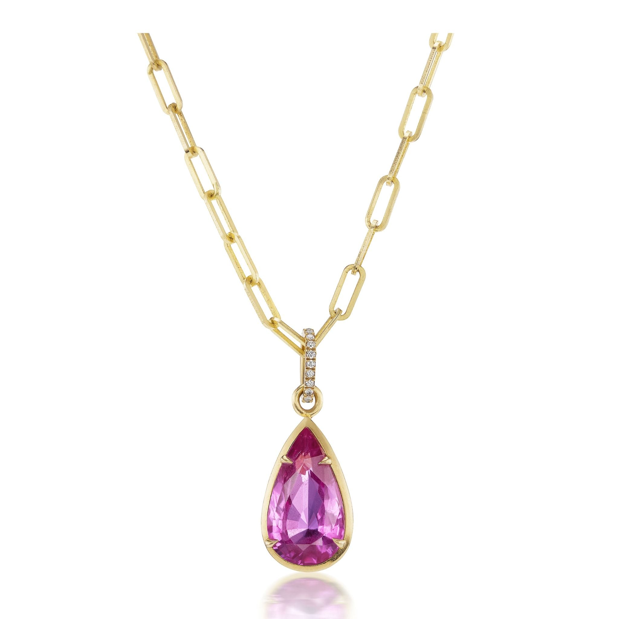 Collet Set Pear Shape Pink Sapphire Pendant Chain Necklace in Yellow Gold, showcasing a teardrop-shaped pink sapphire set in 18K yellow gold with elongated links and pavé diamond accents on the pendant bail.