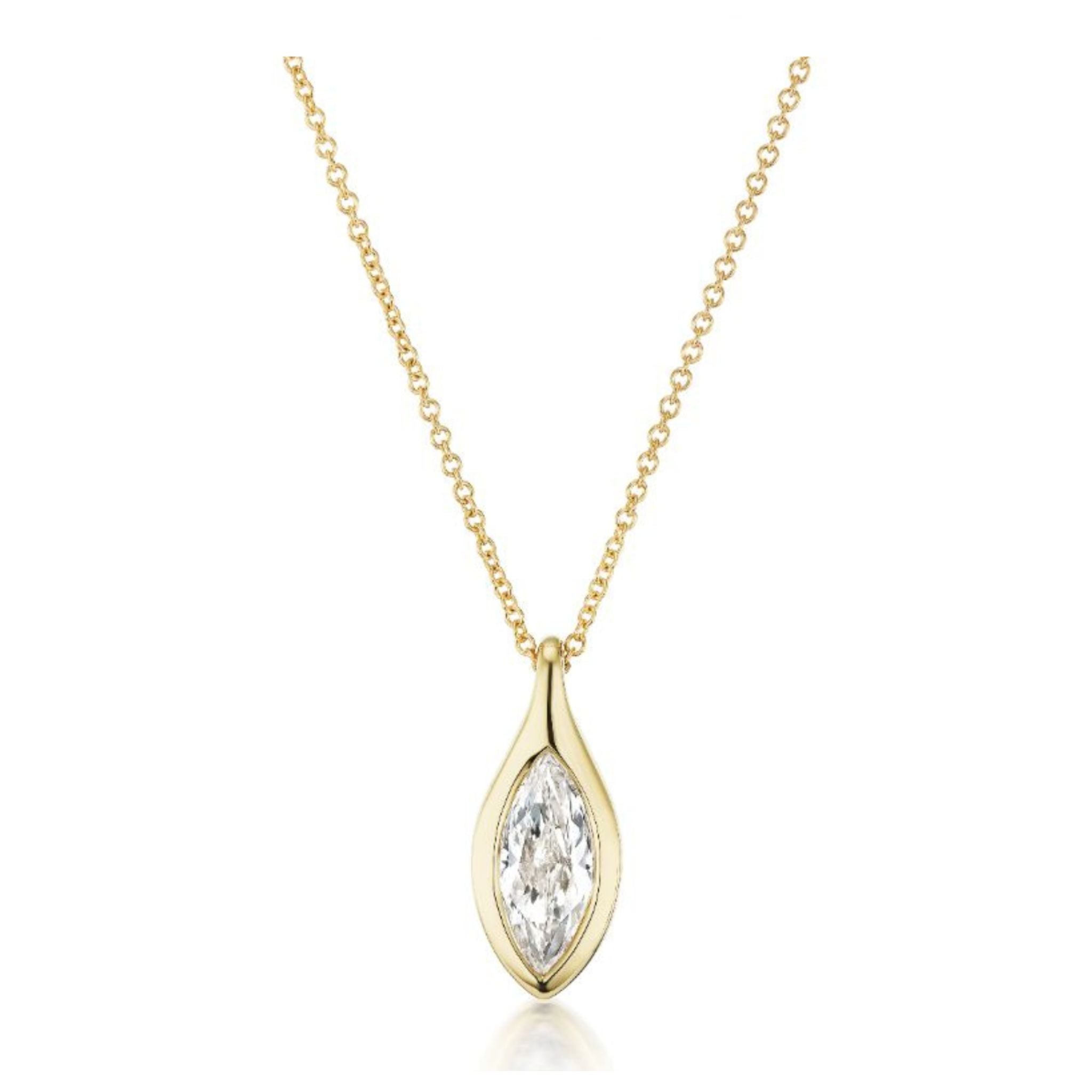Elevate your style with the Serpent Bezel Set Marquise Diamond Solitaire Pendant—an 18K gold necklace showcasing an elegant marquise diamond pendant in a sleek gold bezel, artfully displayed on a white background. The adjustable chain offers a perfect fit for any neckline, blending timeless sophistication with modern versatility.