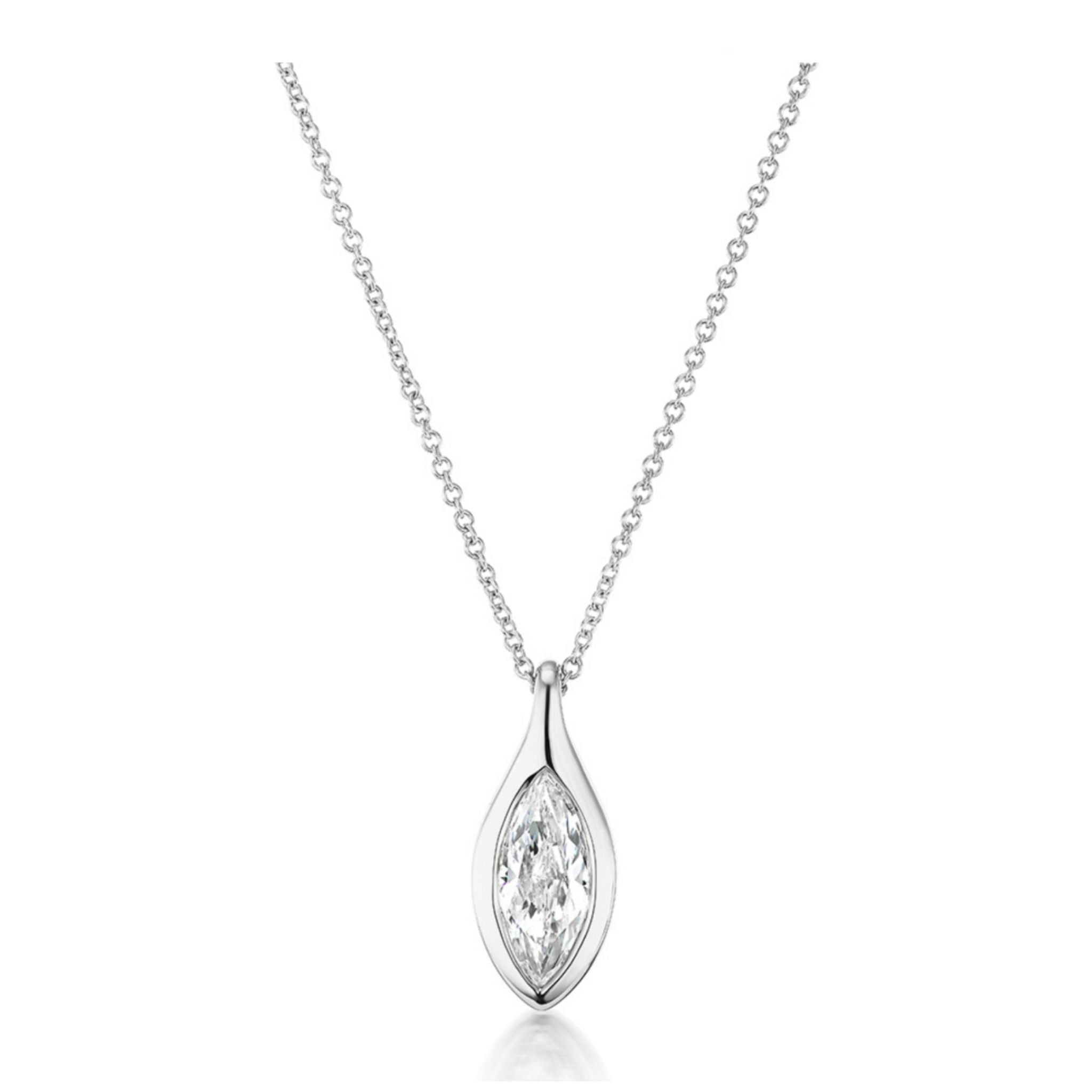 The Serpent Bezel Set Marquise Diamond Solitaire Pendant is a delicate silver necklace featuring a marquise diamond in an elegant bezel setting, displayed on a plain white background. Its refined design includes an adjustable chain for the perfect fit.