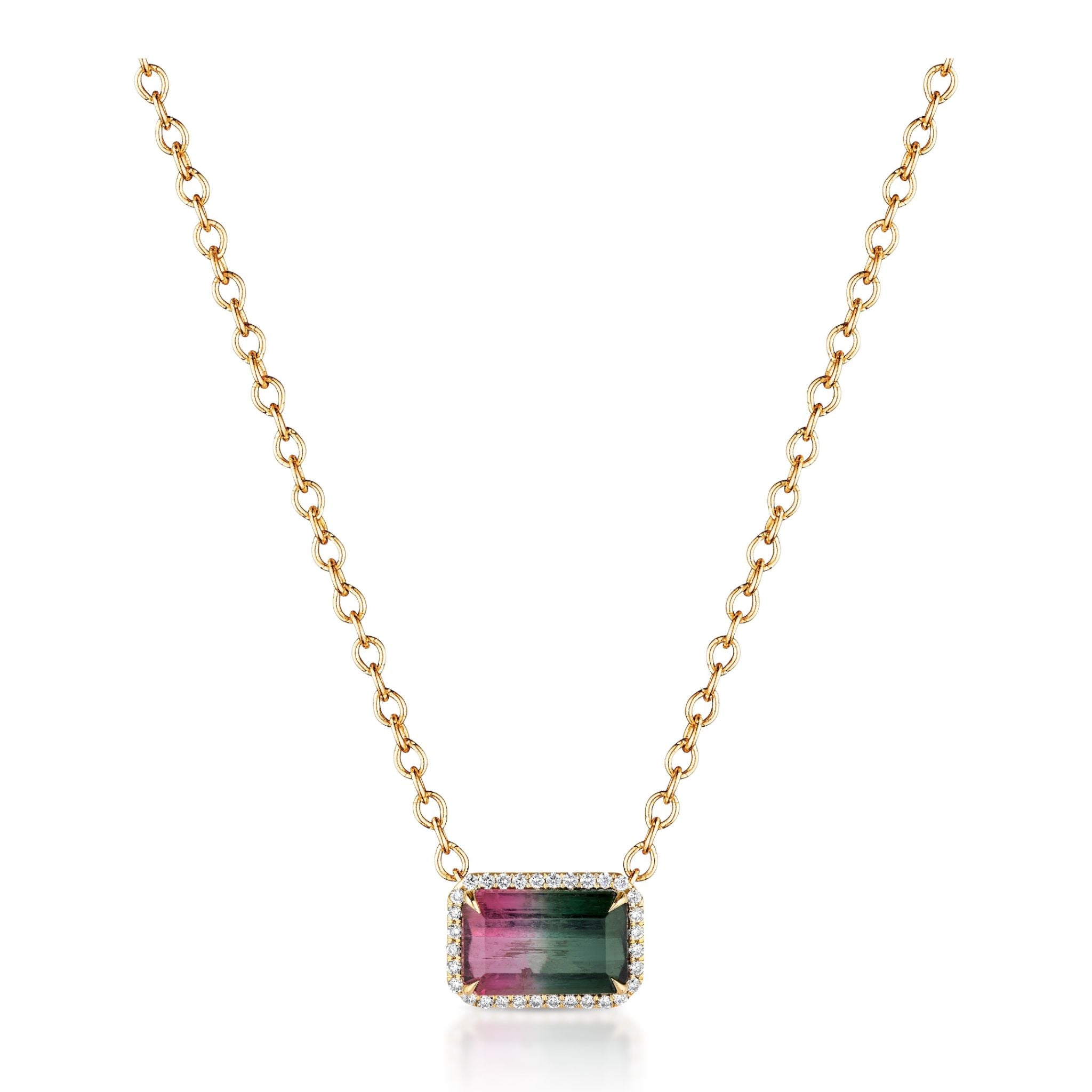 East-West Emerald Cut Watermelon Tourmaline with Pavé Pendant in Yellow Gold, featuring a rectangular watermelon tourmaline gemstone accented by pavé-set clear stones and set in elegant 18k yellow gold on a gold chain necklace.