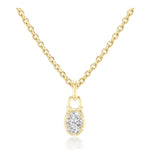 The Collet Set Locket Motif Diamond Pendant Necklace is available in yellow or white gold and showcases a padlock-shaped locket motif pendant with an oval diamond centerpiece.