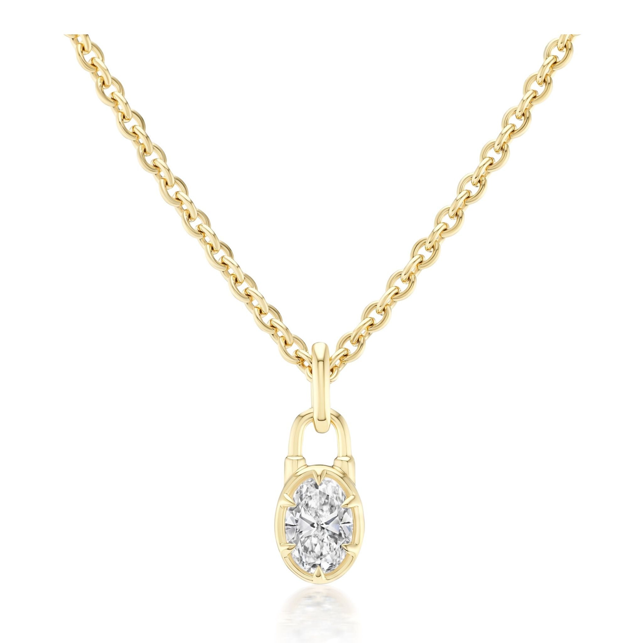 The Collet Set Locket Motif Diamond Pendant Necklace is available in yellow or white gold and showcases a padlock-shaped locket motif pendant with an oval diamond centerpiece.