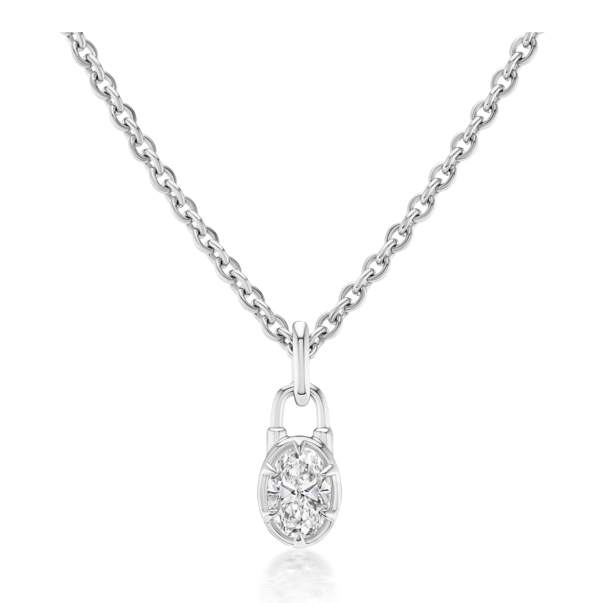 Introducing the Collet Set Locket Motif Diamond Pendant Necklace—a silver chain necklace adorned with a small, oval-shaped padlock pendant, highlighted by a sparkling diamond at its center. This elegant piece is inspired by the classic locket motif and captures the enduring allure of a diamond pendant necklace.
