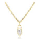 Collet Set Locket Motif Diamond Pendant Necklace: A gold chain necklace featuring a pear-shaped, clear diamond pendant set in yellow gold. The pendant highlights a subtle locket motif reminiscent of a small padlock, blending elegance with a modern, unique design. Displayed against a plain white background.