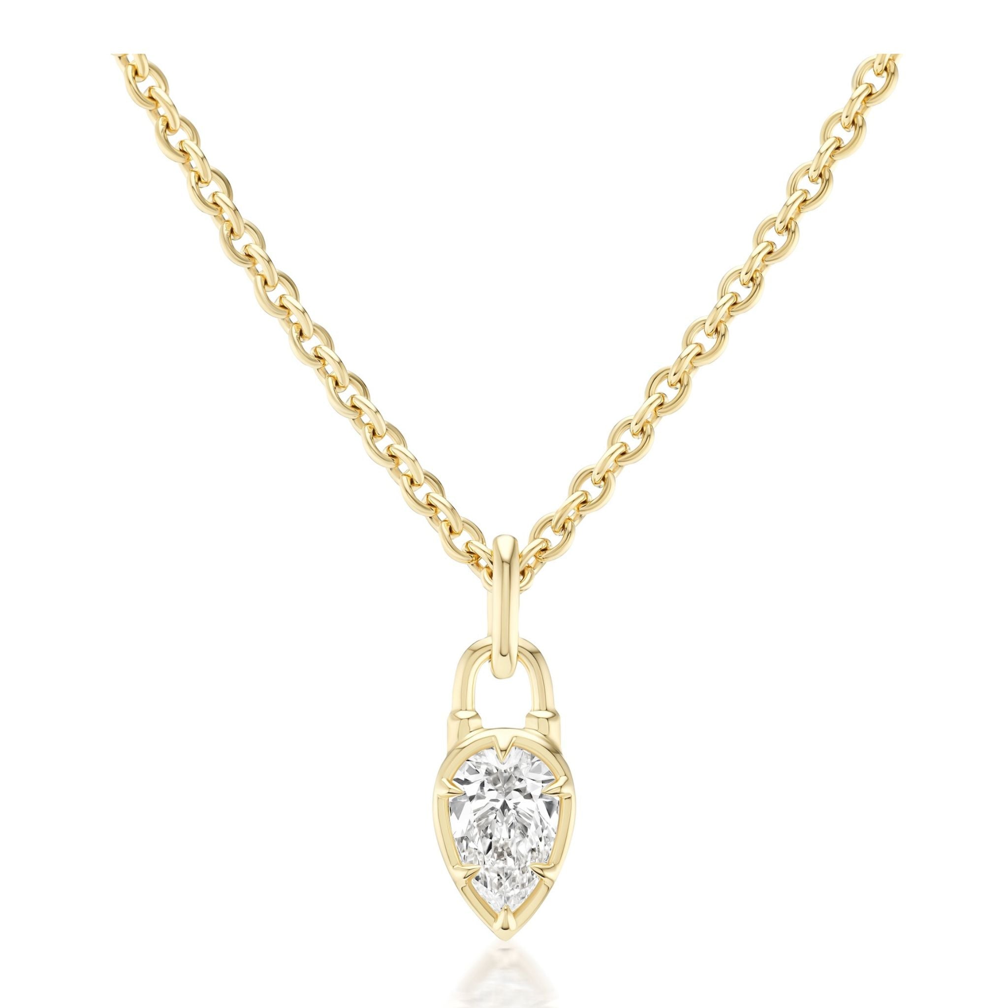 Collet Set Locket Motif Diamond Pendant Necklace: A gold chain necklace featuring a pear-shaped, clear diamond pendant set in yellow gold. The pendant highlights a subtle locket motif reminiscent of a small padlock, blending elegance with a modern, unique design. Displayed against a plain white background.