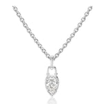 The Collet Set Locket Motif Diamond Pendant Necklace showcases a pear-shaped diamond in a matching silver frame, elegantly designed with a padlock-inspired locket motif.