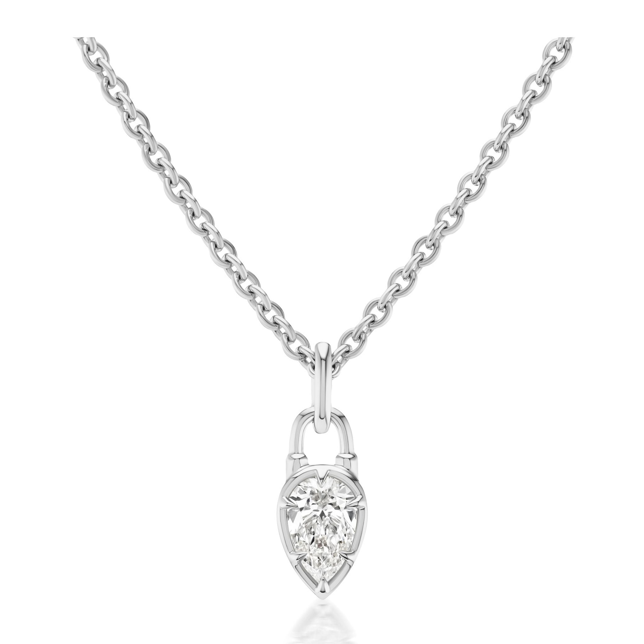 The Collet Set Locket Motif Diamond Pendant Necklace showcases a pear-shaped diamond in a matching silver frame, elegantly designed with a padlock-inspired locket motif.