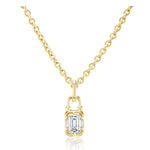 Collet Set Locket Motif Diamond Pendant Necklace with a gold chain featuring a lock-shaped pendant, highlighted by a rectangular, emerald-cut clear diamond at its center. The polished yellow or white gold necklace is displayed against a white background, showcasing both the elegant chain and the striking pendant.