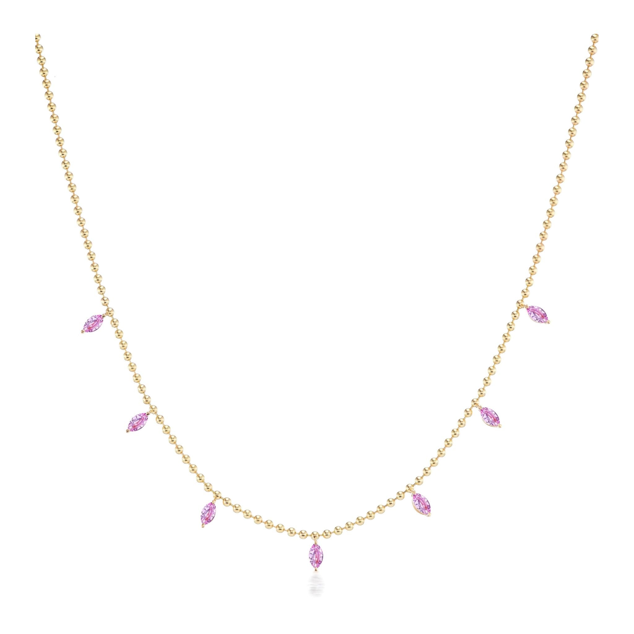 Spike Ball Chain Necklace in Yellow Gold with Marquise Pink Sapphires, featuring an 18K yellow gold ball chain and evenly spaced small marquise pink sapphires, displayed on a white background.