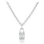 Introducing the Collet Set Locket Motif Diamond Pendant Necklace: a silver chain necklace featuring a small, emerald-cut diamond pendant designed to mimic a padlock motif, beautifully blending timeless elegance with modern design.